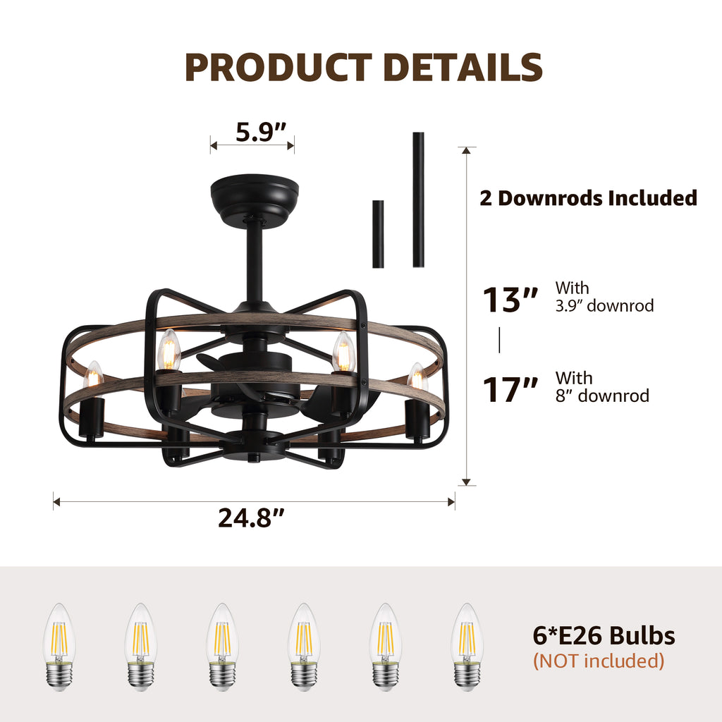 24 in. Indoor Black Farmhouse Ceiling Fan with Light and Remote,Rustic Caged Chandelier Ceiling Fan