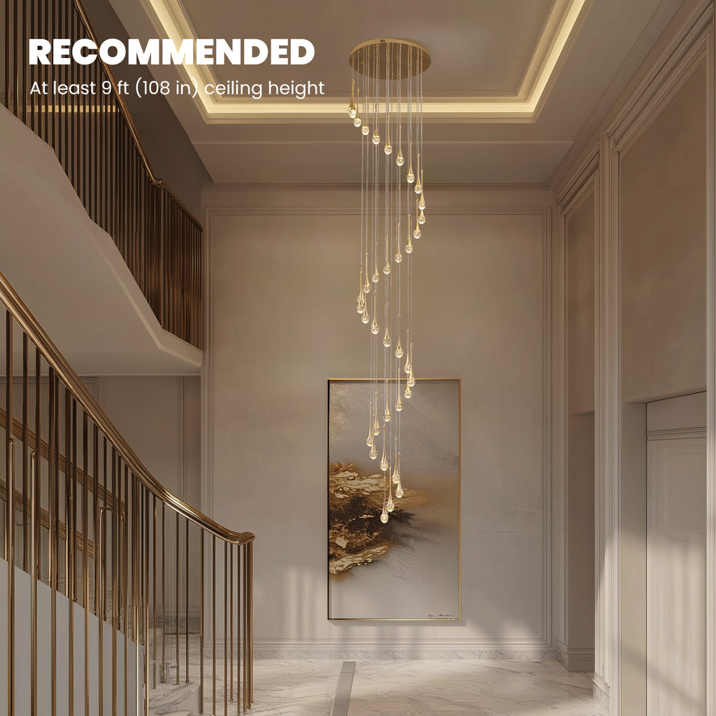 36-light Cylinder Foyer Chandelier With Raindrop Crystals and LED Light