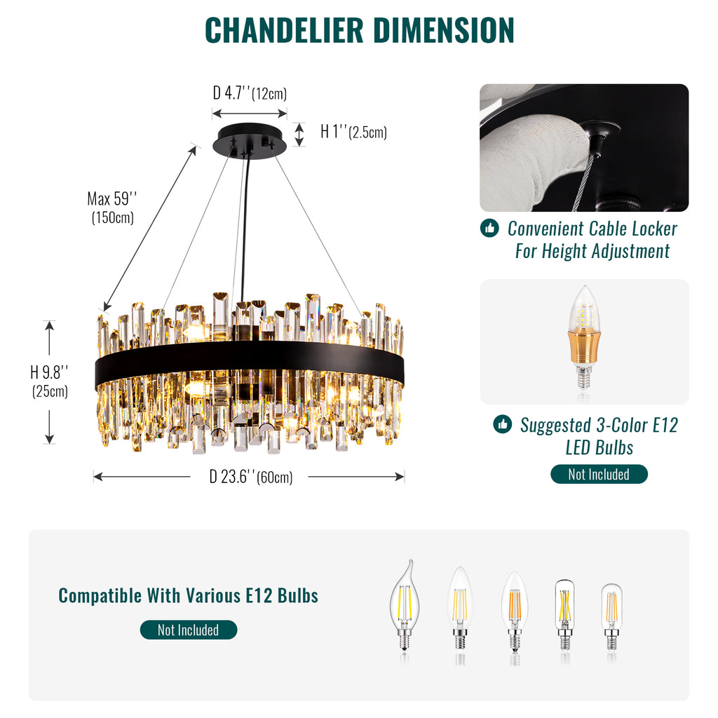 24 in. Modern 12-Light Black Crystal Chandelier Circle Round 2-Tiers Chandelier for Dining Living Room Bedroom