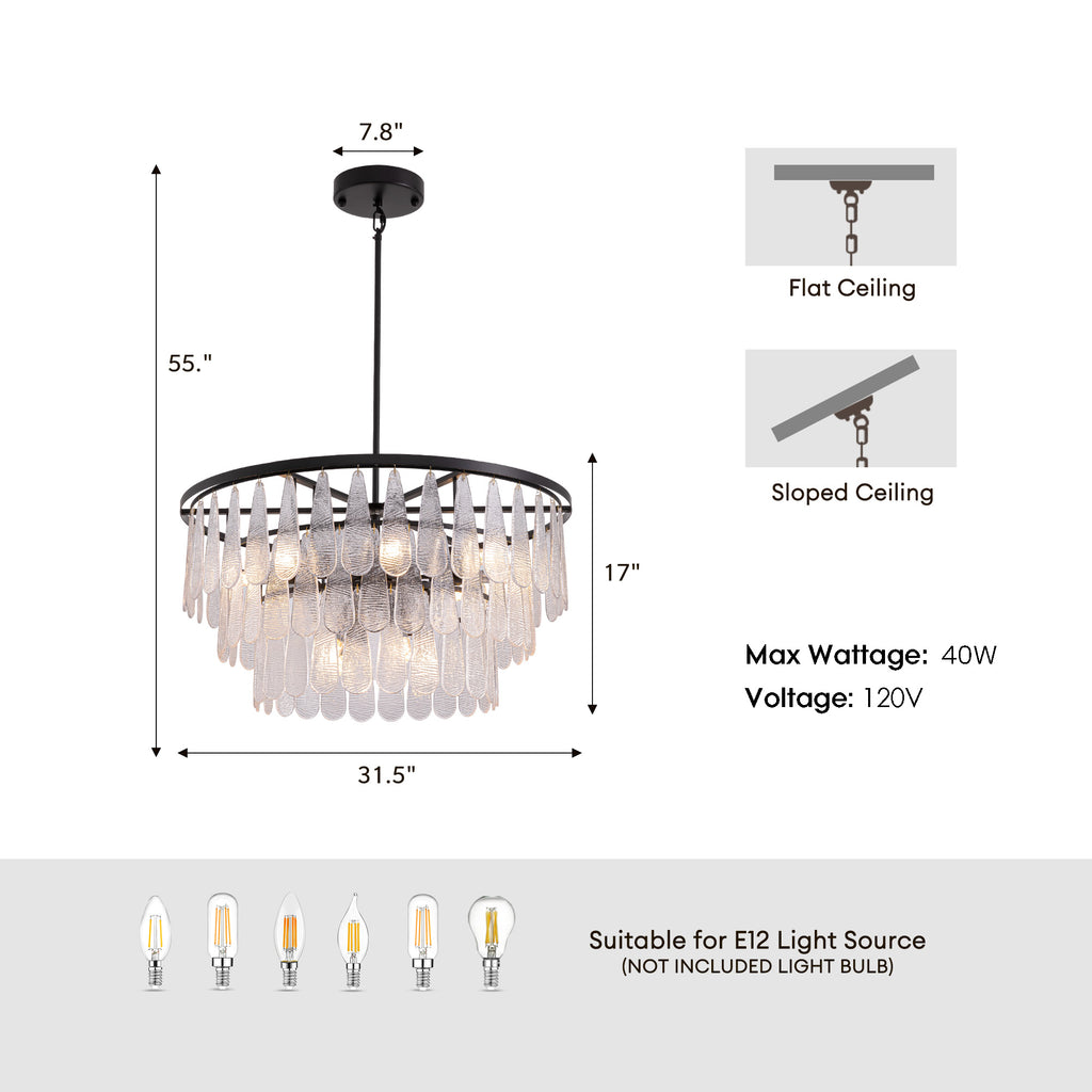 31.5 in. Modern 12-Lights Black Glass Chandelier with Light Dining Room or Kitchen