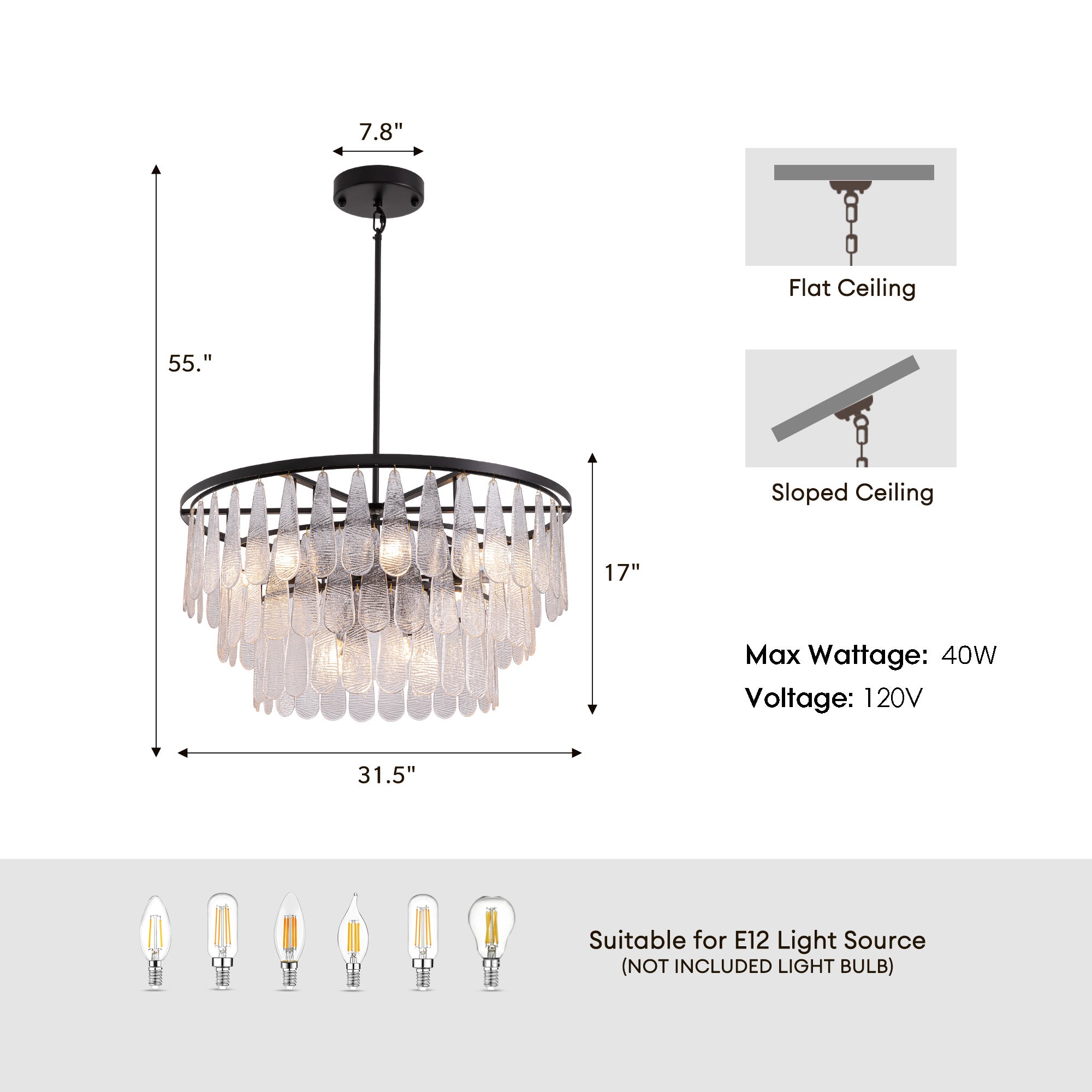 31.5 in. Modern 12-Lights Black Glass Chandelier with Light Dining Room or Kitchen