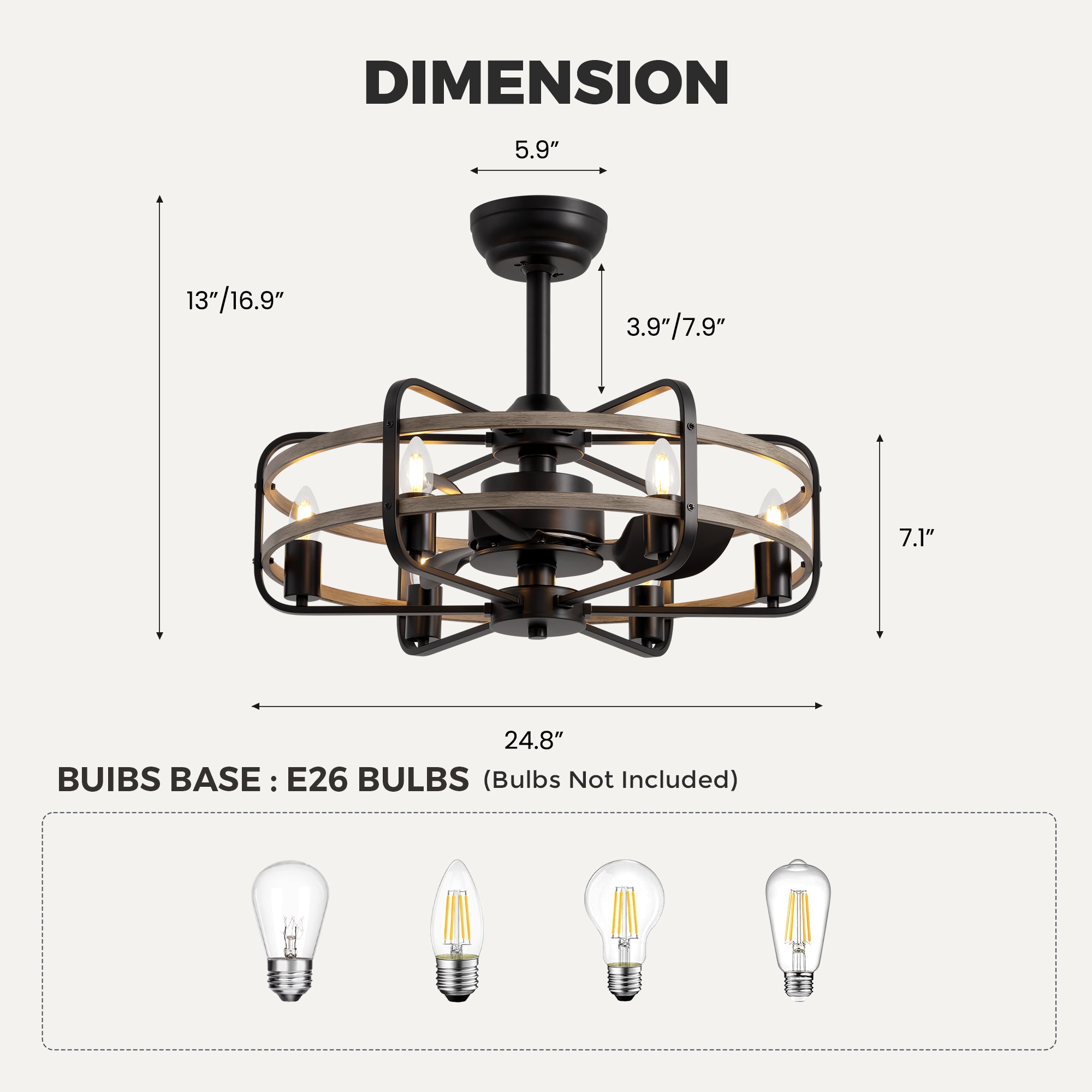 25 in. Modern Indoor Black Cage Ceiling Fan with Lights Reversible Rotation and Remote Control
