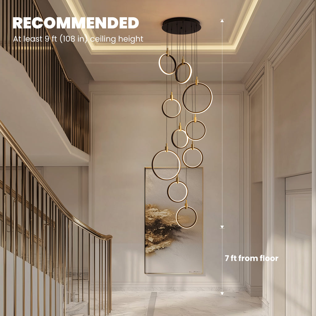 10-Ring LED Dimmable Geometric Chandelier, Black and Gold Foyer Light for High Ceilings with Remote & App Control
