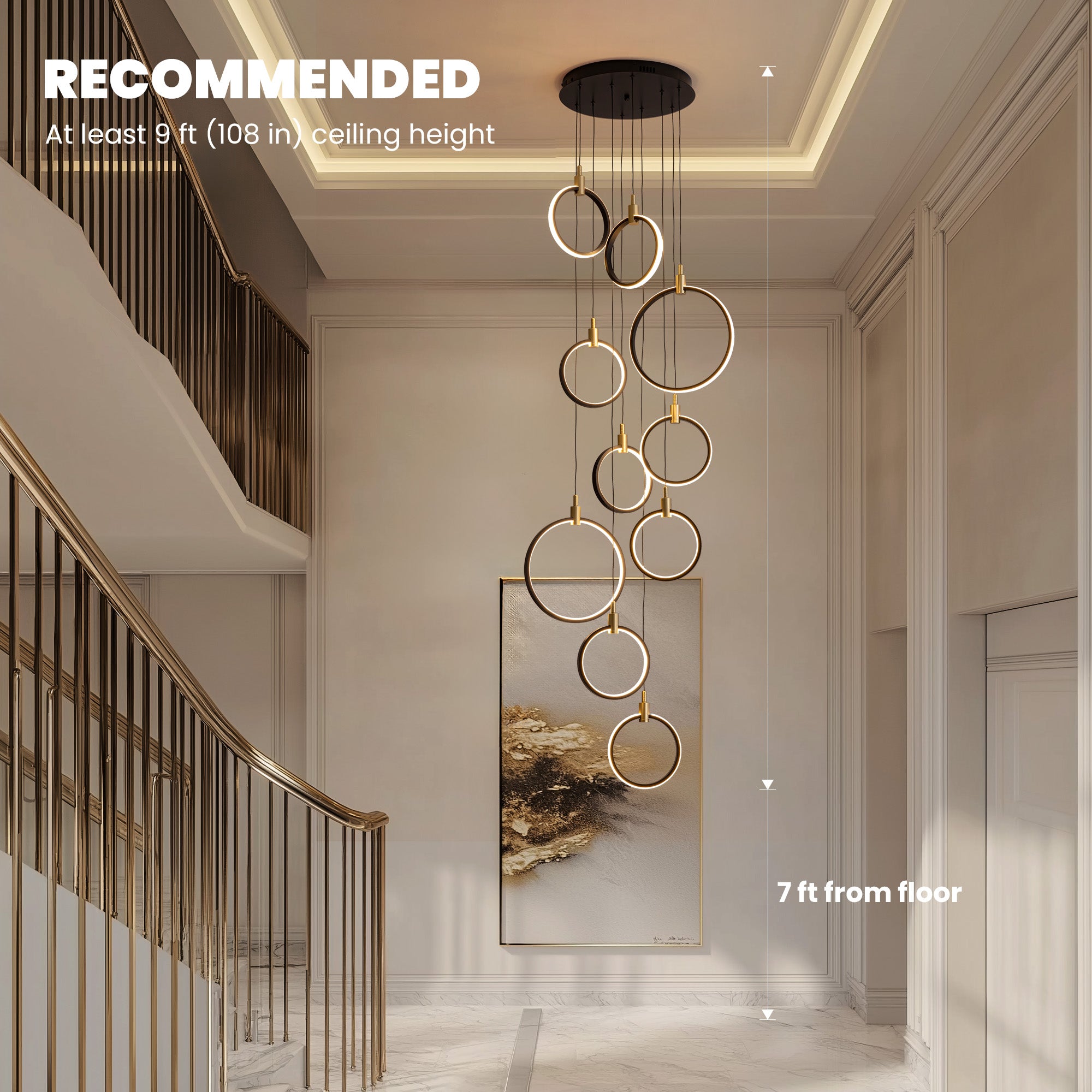 10-Ring LED Dimmable Geometric Chandelier, Black and Gold Foyer Light for High Ceilings with Remote & App Control