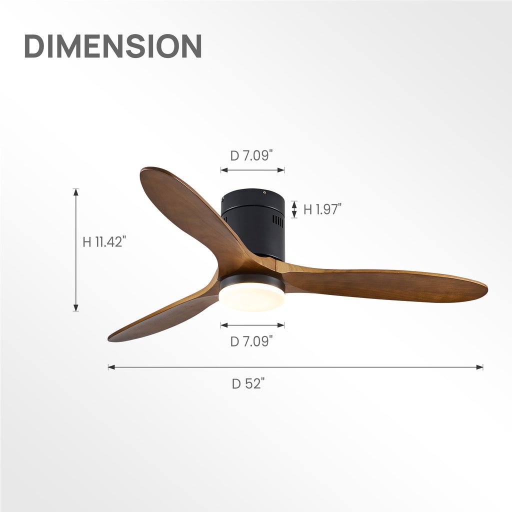 52" 3 -Blade Flush Mount Ceiling Fan with Light Kit, Remote Control and Quiet DC Motor for Bedroom
