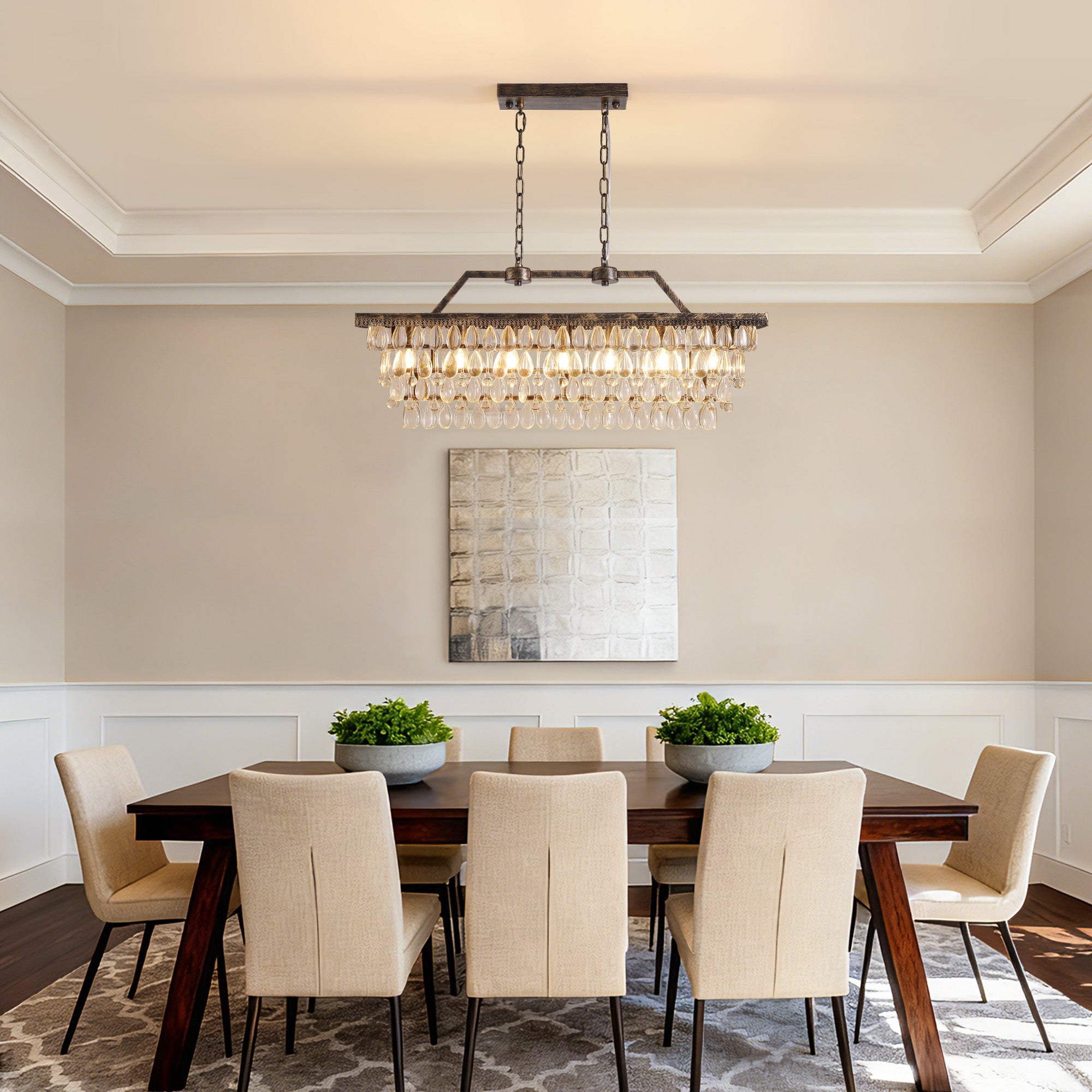 7-Light Dimmable Rustic Vintage Rectangle Tiered Crystal Chandelier with Antique Bronze Finish
