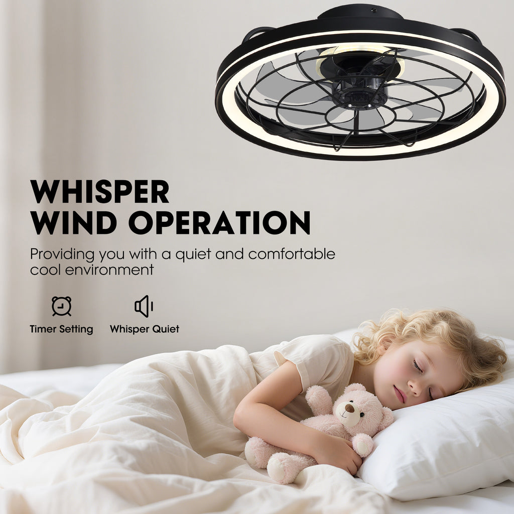 19 in. Indoor Black Caged Ceiling Fan with Integrated LED Light Modern Farmhouse Flush Mount Ceiling Fan