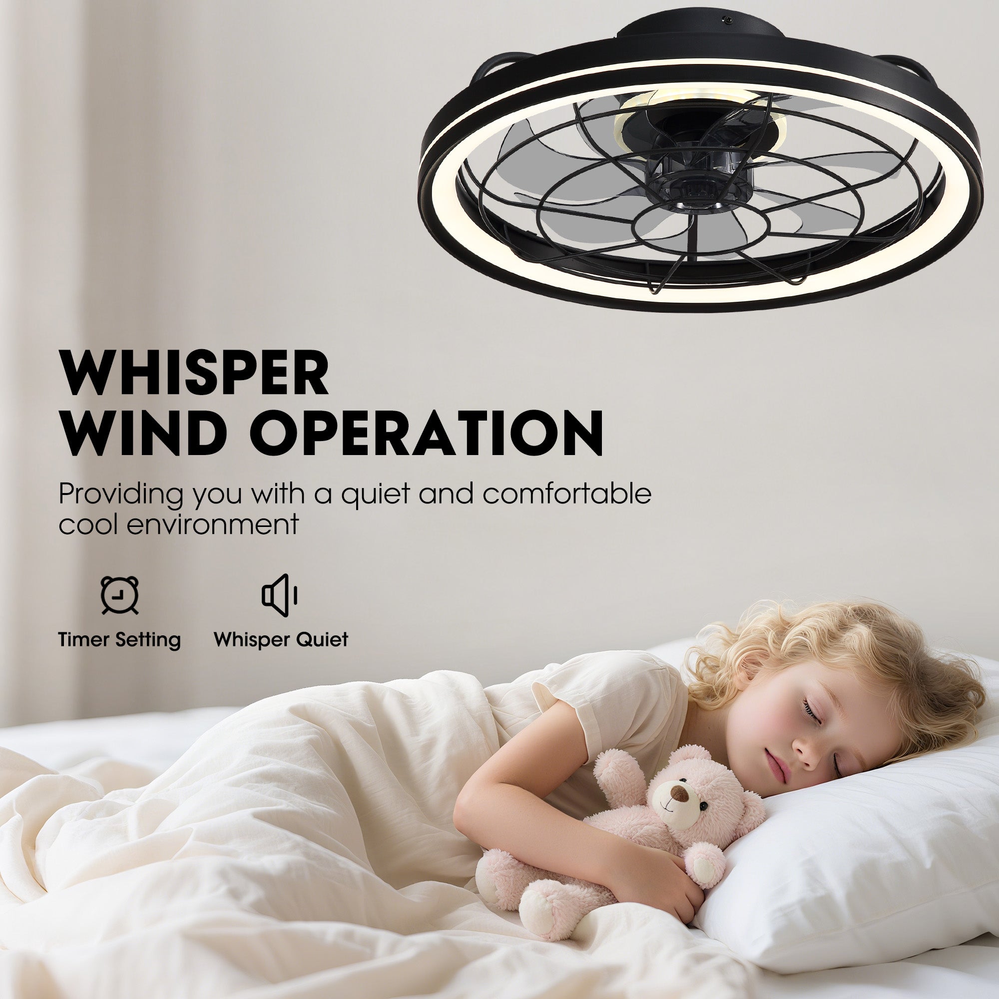 19 in. Indoor Black Caged Ceiling Fan with Integrated LED Light Modern Farmhouse Flush Mount Ceiling Fan