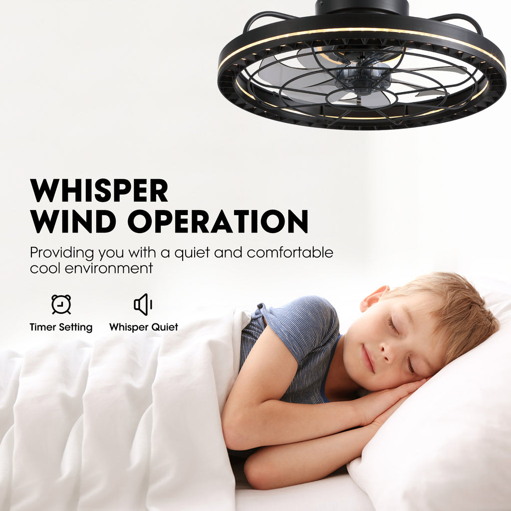 19 in. Indoor Black Low Profile Caged Ceiling Fan with Lights with Remote Included