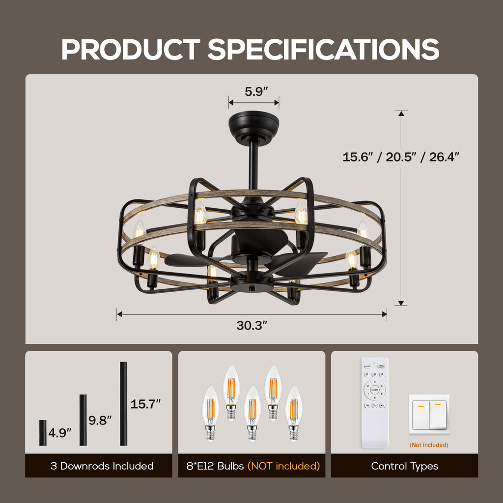 30 in. Indoor Farmhouse Black Downrod Mount Caged Ceiling Fan with Lights and Remote Wood Grain Industrial