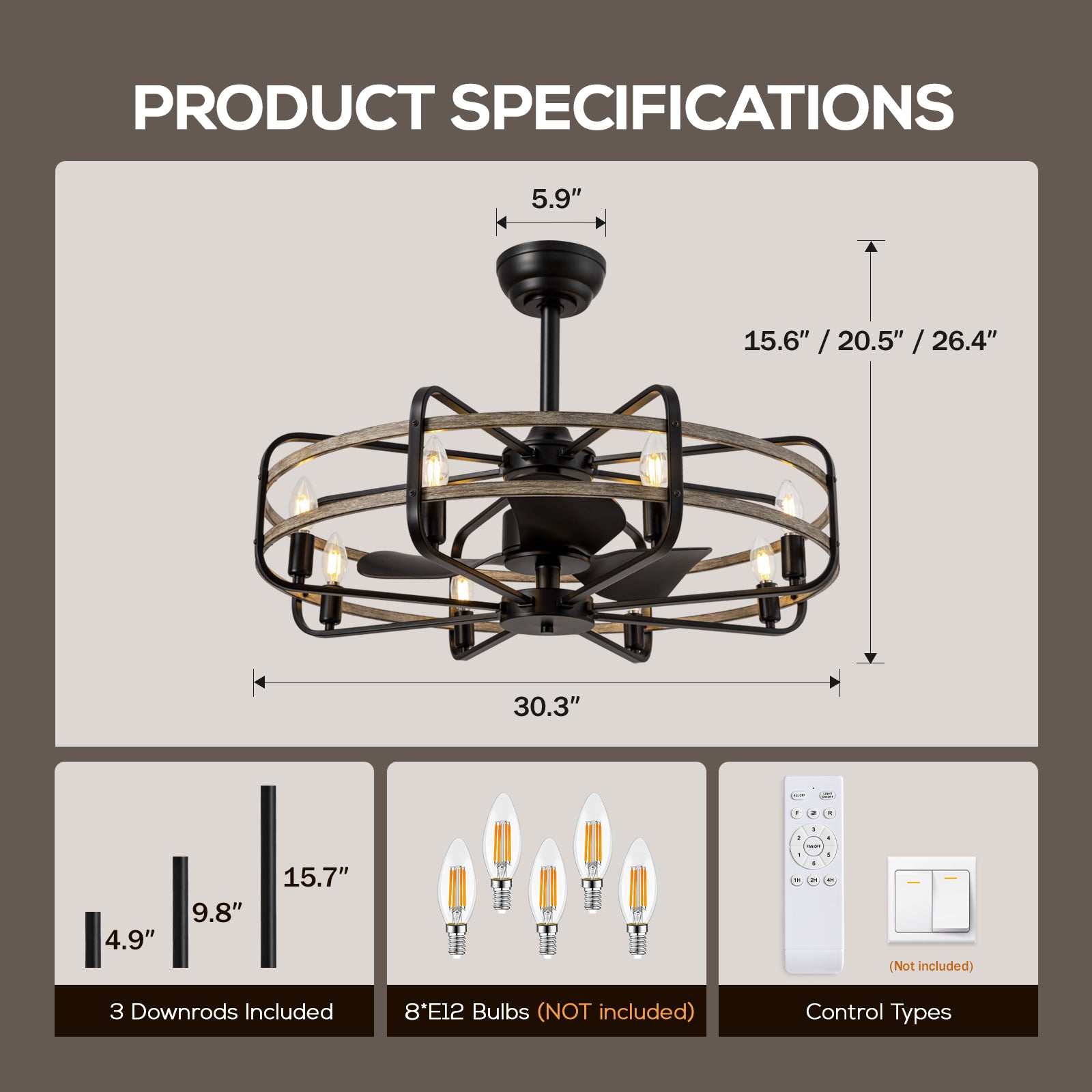 30 in. Indoor Farmhouse Black Downrod Mount Caged Ceiling Fan with Lights and Remote Wood Grain Industrial