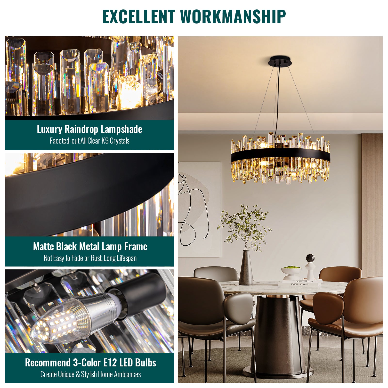 24 in. Modern 12-Light Black Crystal Chandelier Circle Round 2-Tiers Chandelier for Dining Living Room Bedroom