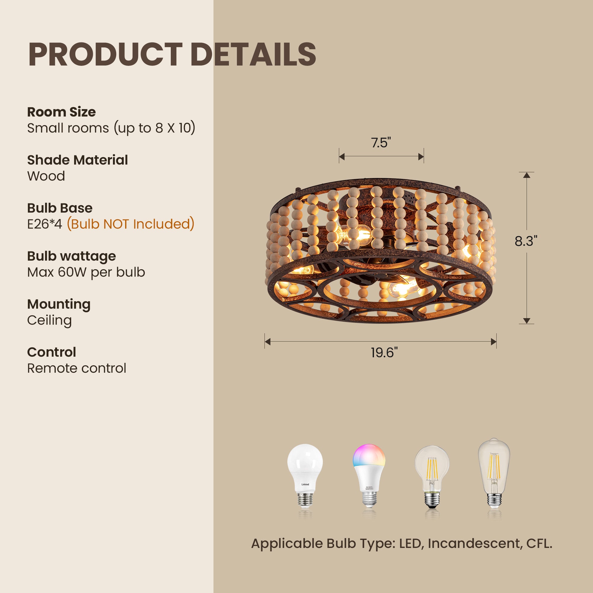 20 in. Indoor Walnut Beaded Caged Ceiling Fan with Light and Remote, Flush Mount Fan for Living Room,Dining Room,Kitchen