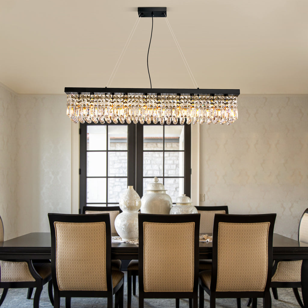 10-Light Dimmable Crystal Rectangle Chandelier for Kitchen Island and Dining Room, Modern Luxury Gold Ceiling Light