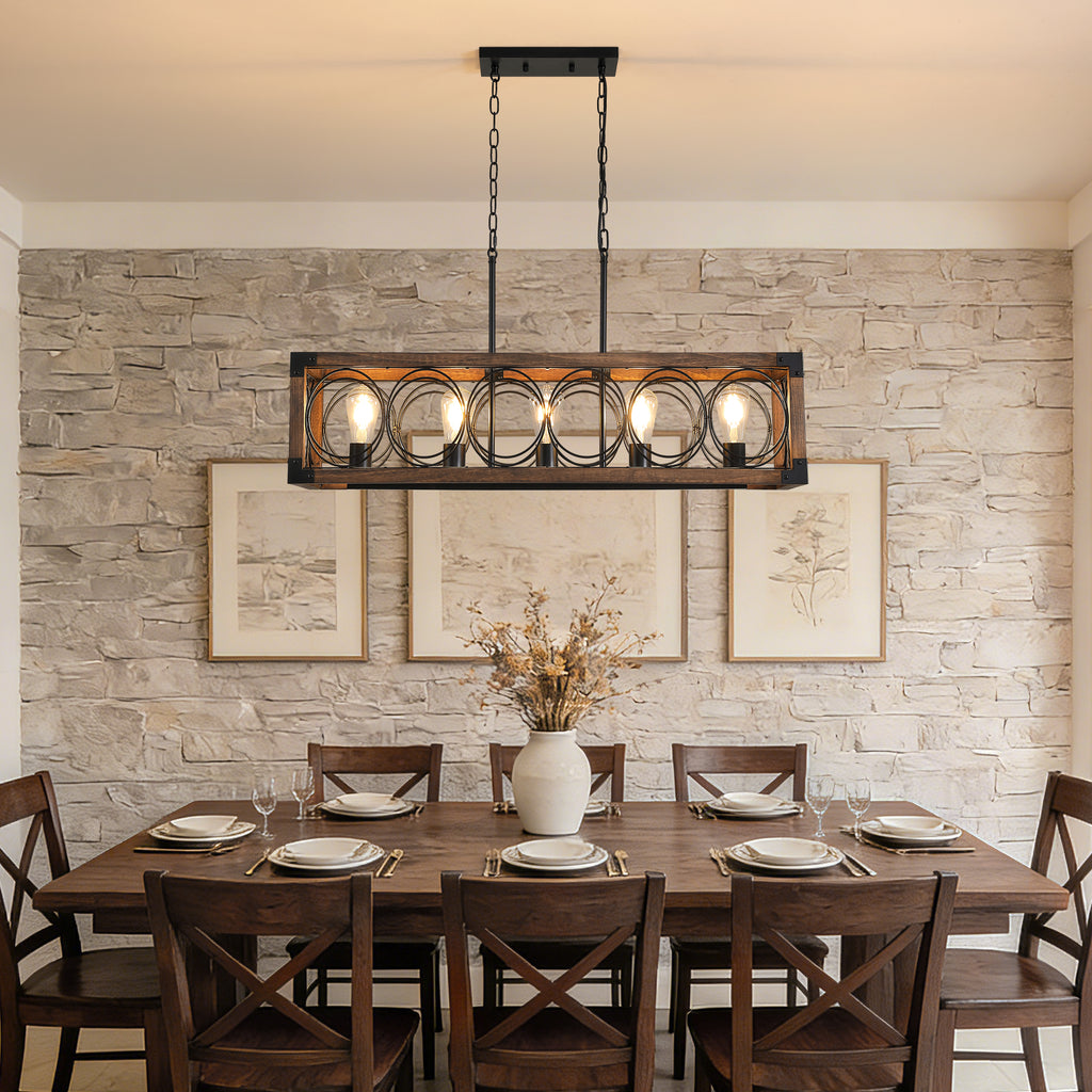 5 - Light Dimmable Modern Farmhouse Rectangle Solid Wood Chandelier