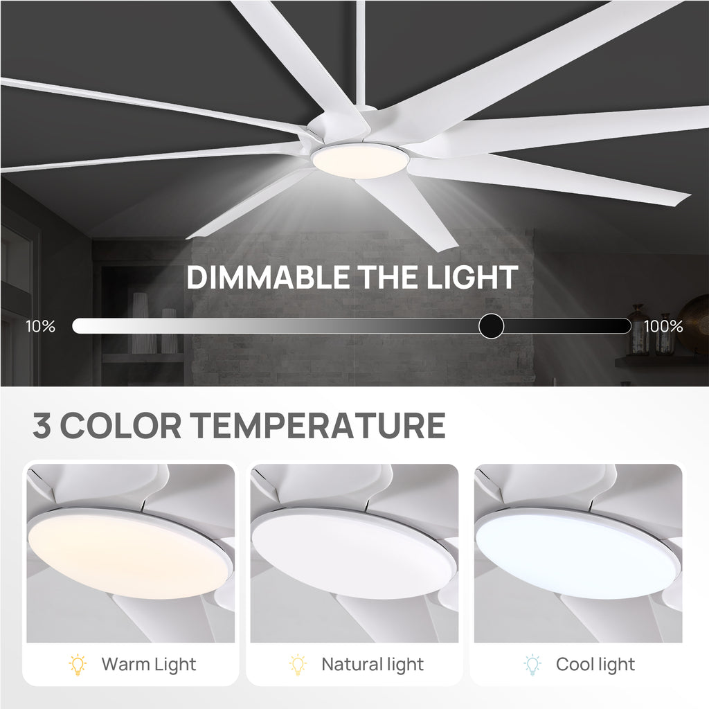 100 in. Smart Indoor White Industrial Large Downrod 8-Blade Ceiling Fans with Lights and Remote Dimmable