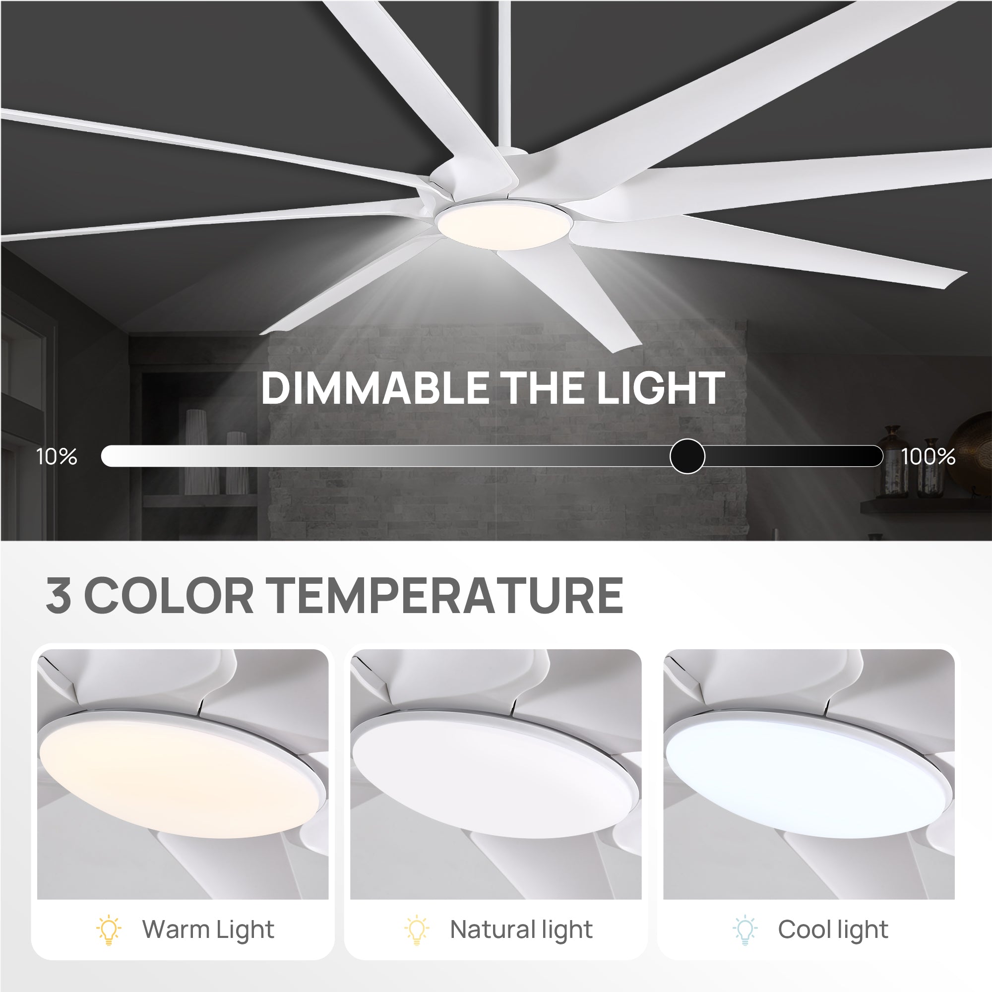 100 in. Smart Indoor White Industrial Large Downrod 8-Blade Ceiling Fans with Lights and Remote Dimmable