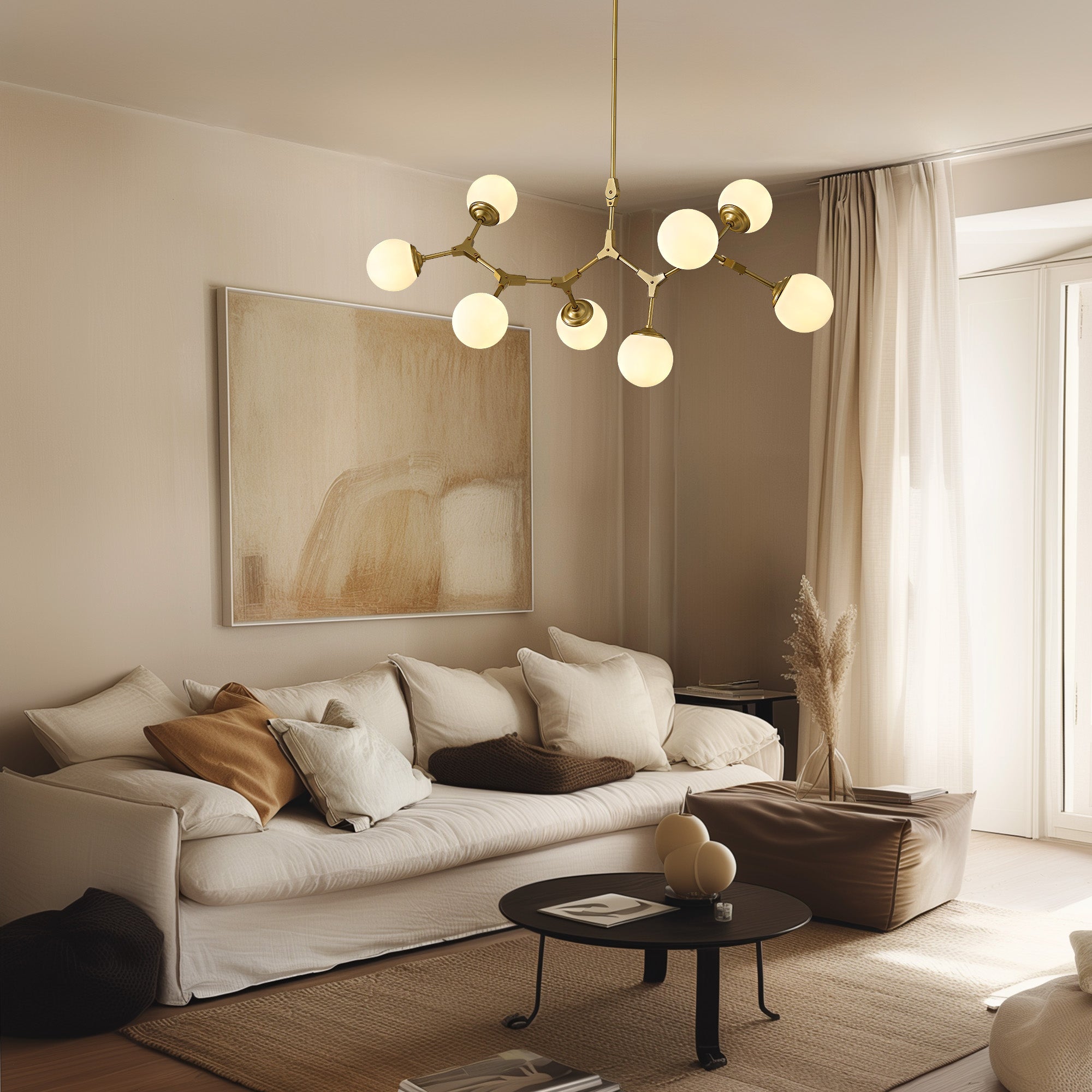 8-Light Dimmable Modern Sputnik Linear Chandelier with Glass Globe Shades