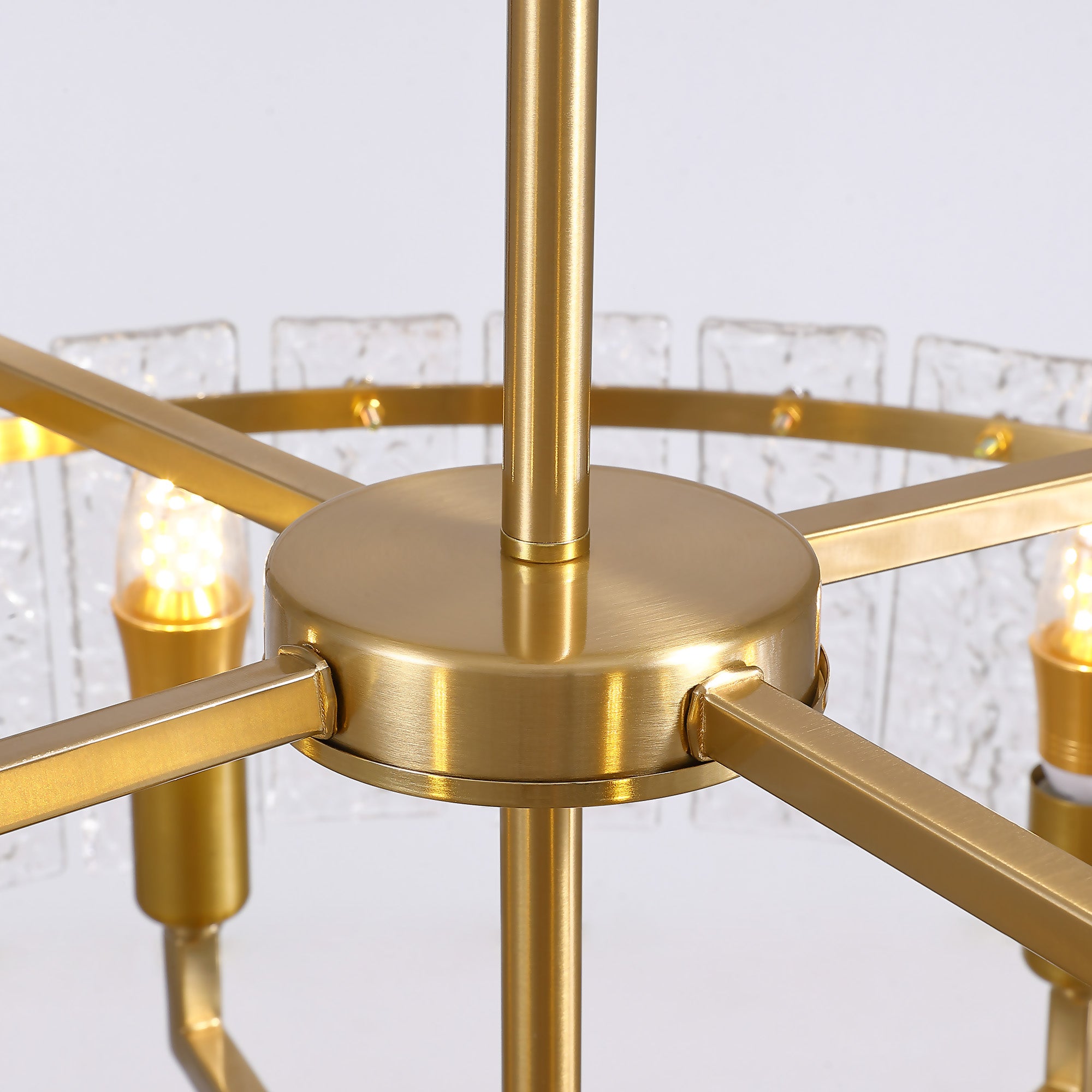 6 - Light Dimmable Gold Drum Chandelier with Textured Glass, Modern Lighting for Kitchen Island or Dining Room