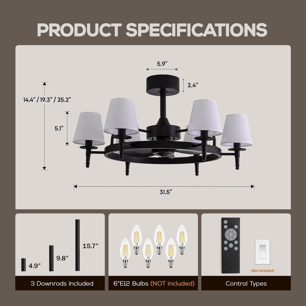 31.5" 6-light Wagon Wheel Ceiling Fan With Light Kit, Linen Shade, Dc Motor And Remote