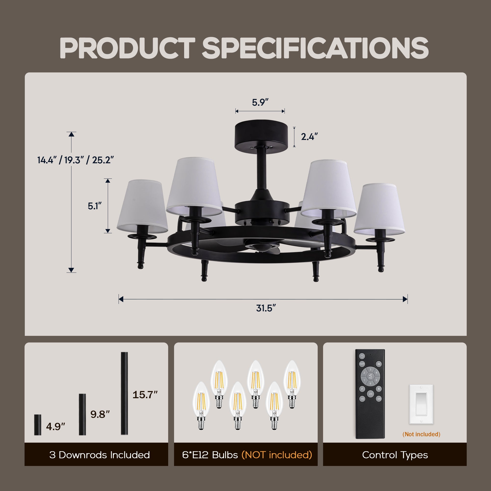 31.5" 6-light Wagon Wheel Ceiling Fan With Light Kit, Linen Shade, Dc Motor And Remote