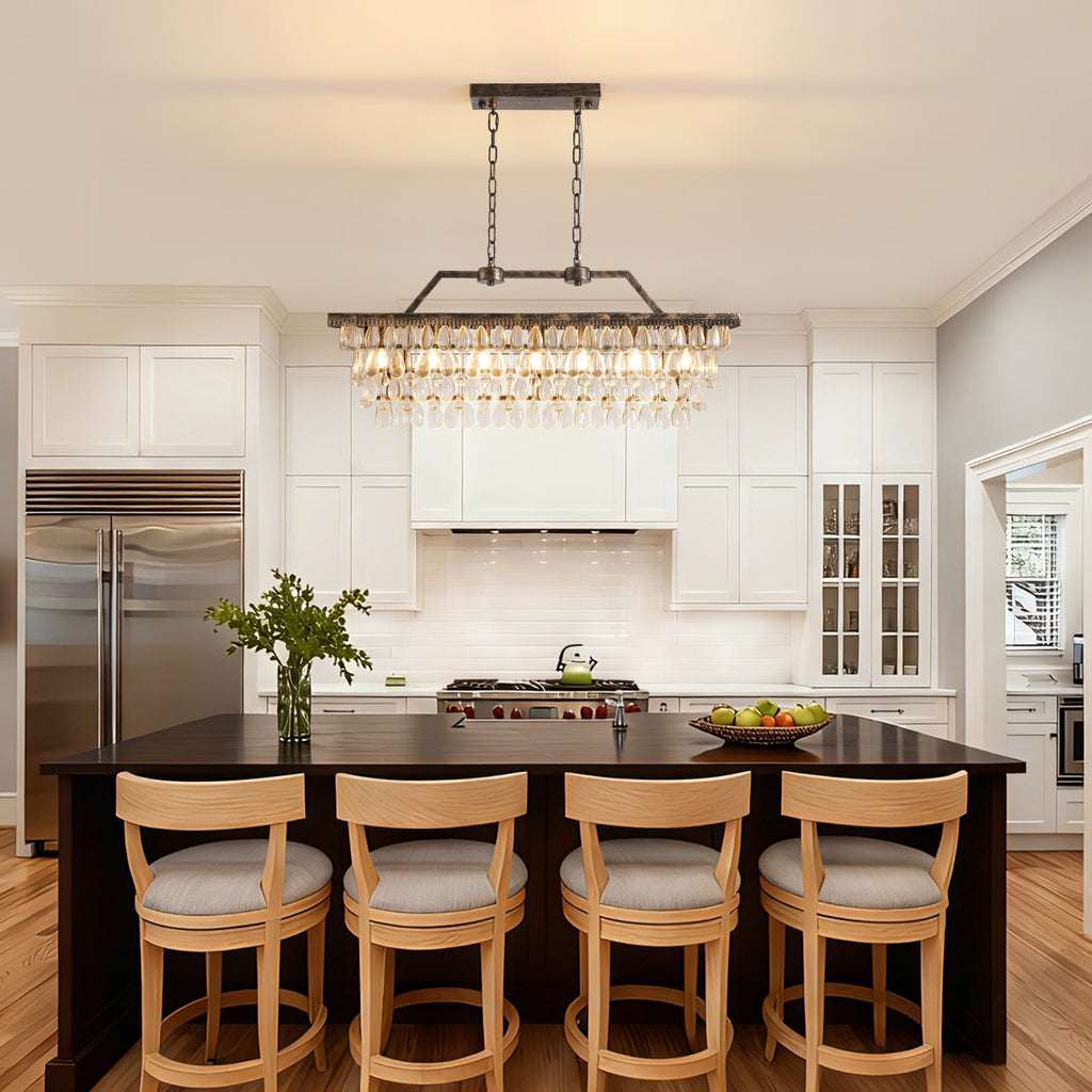 7-Light Dimmable Rustic Vintage Rectangle Tiered Crystal Chandelier with Antique Bronze Finish