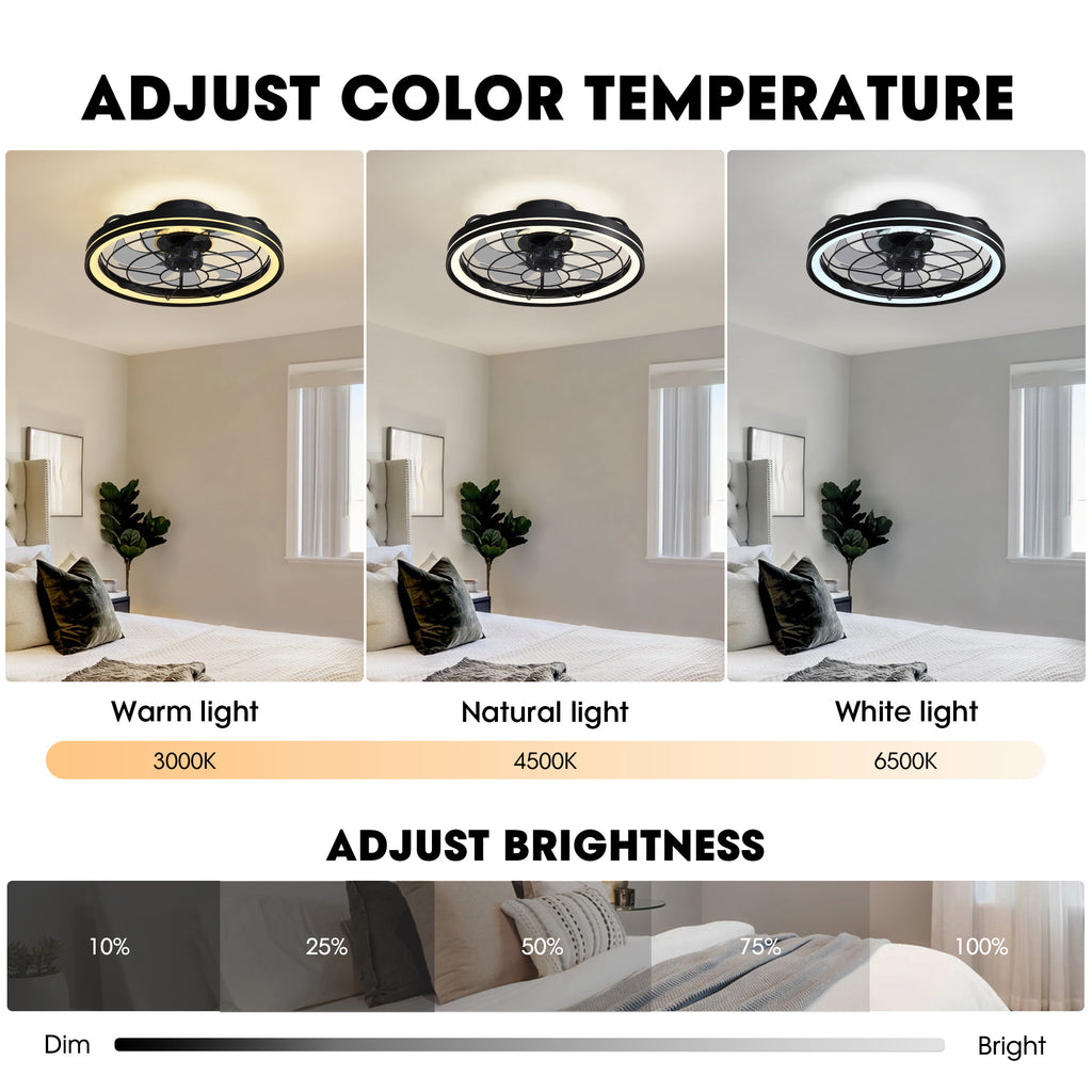 19 in. Indoor Black Caged Ceiling Fan with Integrated LED Light Modern Farmhouse Flush Mount Ceiling Fan