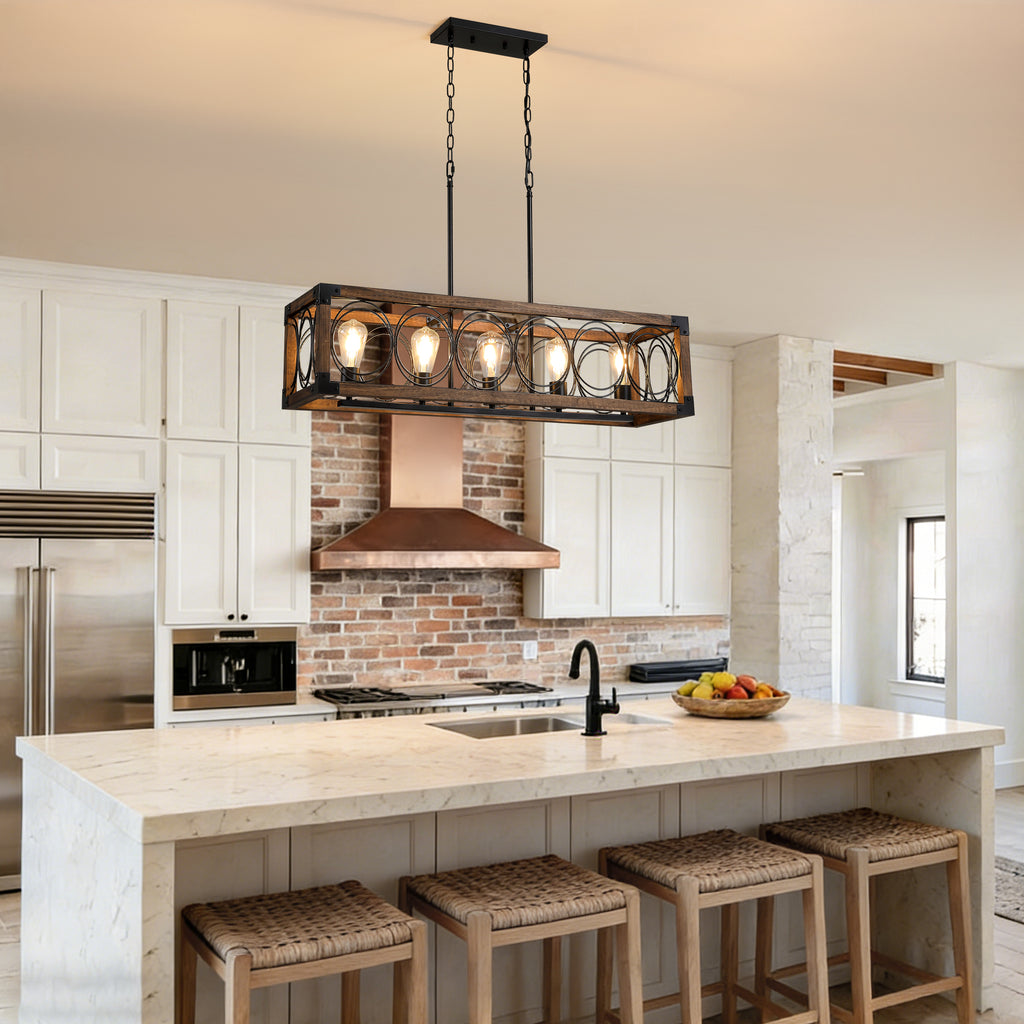 5 - Light Dimmable Modern Farmhouse Rectangle Solid Wood Chandelier