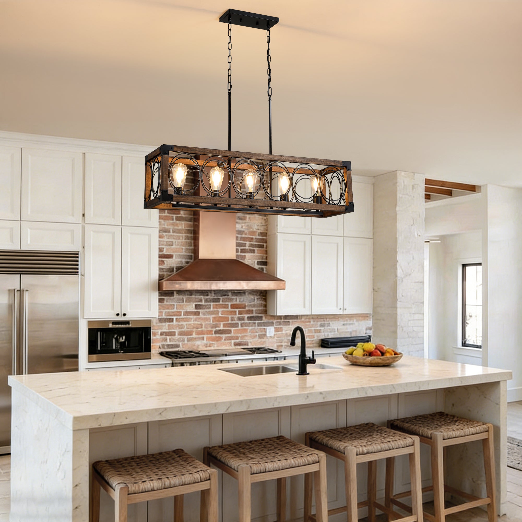 5 - Light Dimmable Modern Farmhouse Rectangle Solid Wood Chandelier