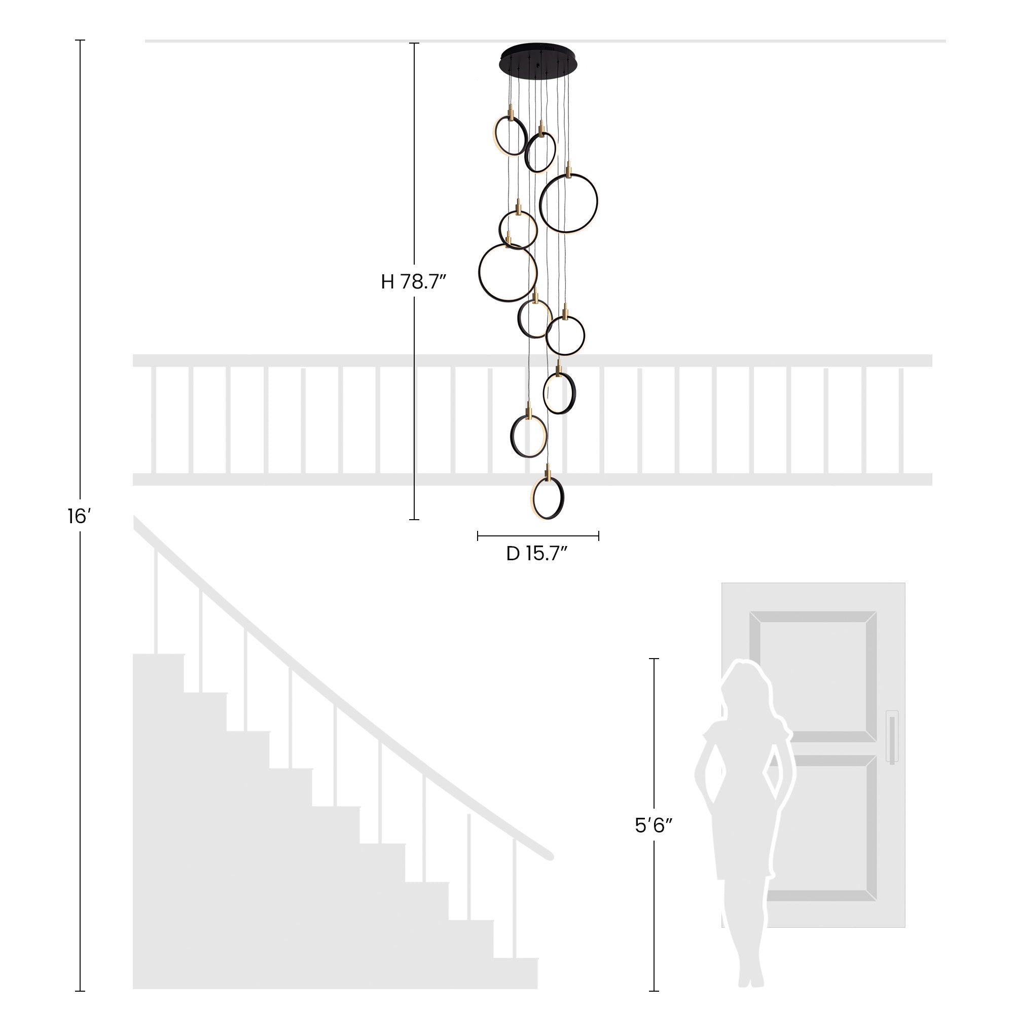 10-Ring LED Dimmable Geometric Chandelier, Black and Gold Foyer Light for High Ceilings with Remote & App Control