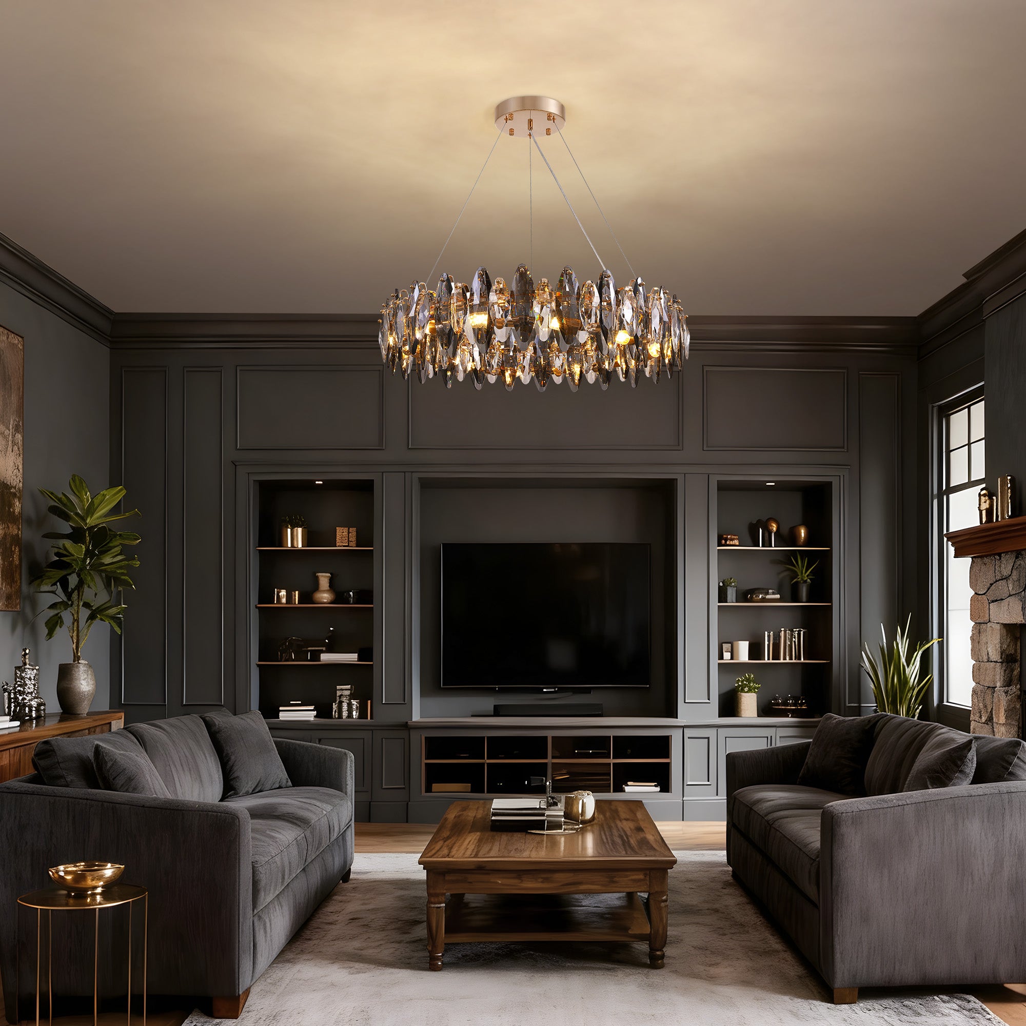 12-Light Dimmable Drum Crystal Chandelier