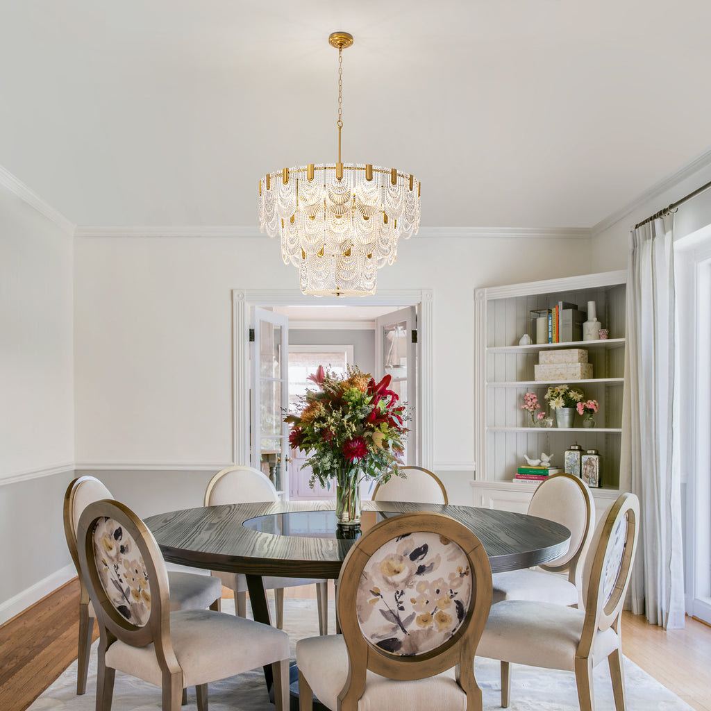 32 in. Modern 12-Light Electroplated Gold 3-Layer Glass Chandelier Chandelier for Dining Room and Living Room