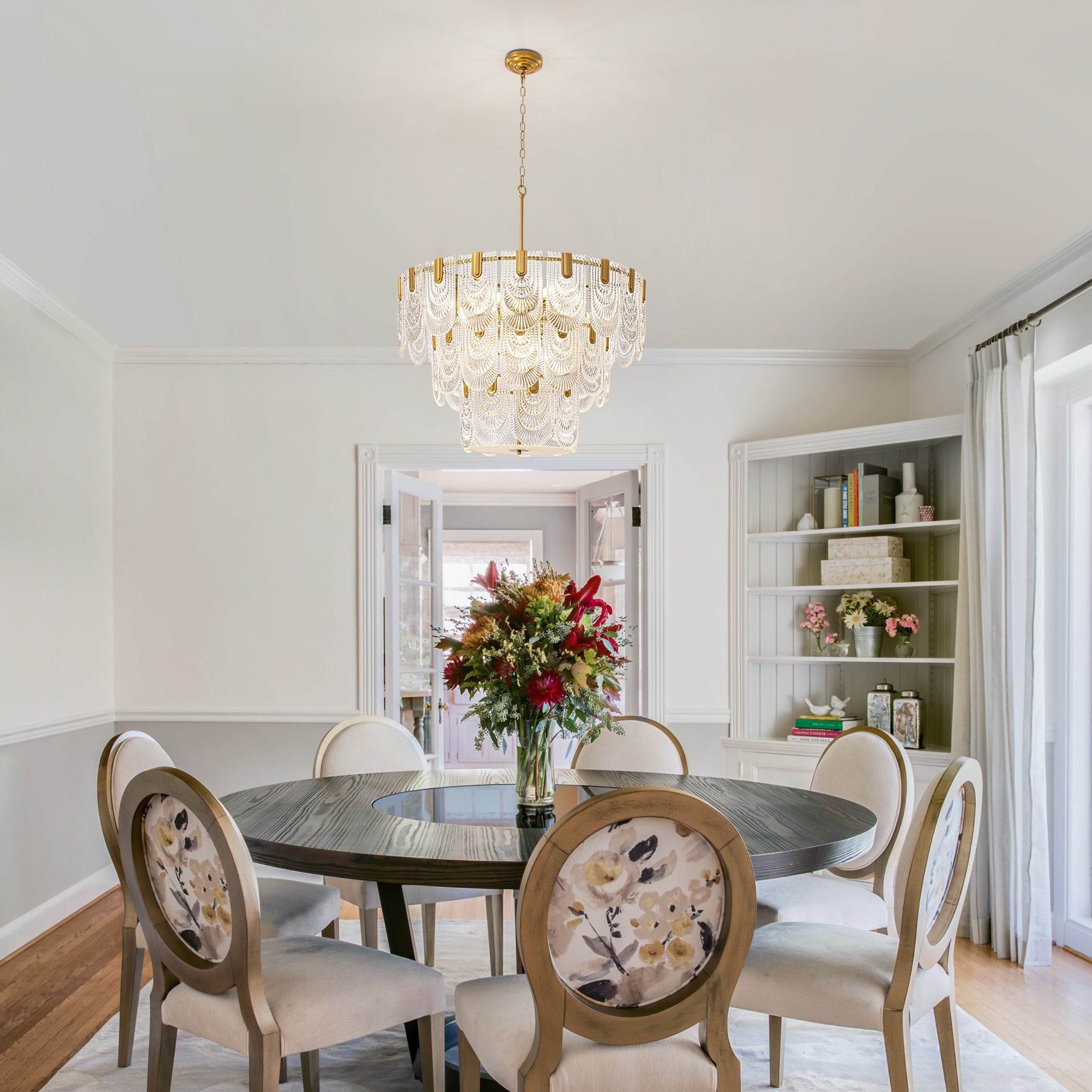 32 in. Modern 12-Light Electroplated Gold 3-Layer Glass Chandelier Chandelier for Dining Room and Living Room