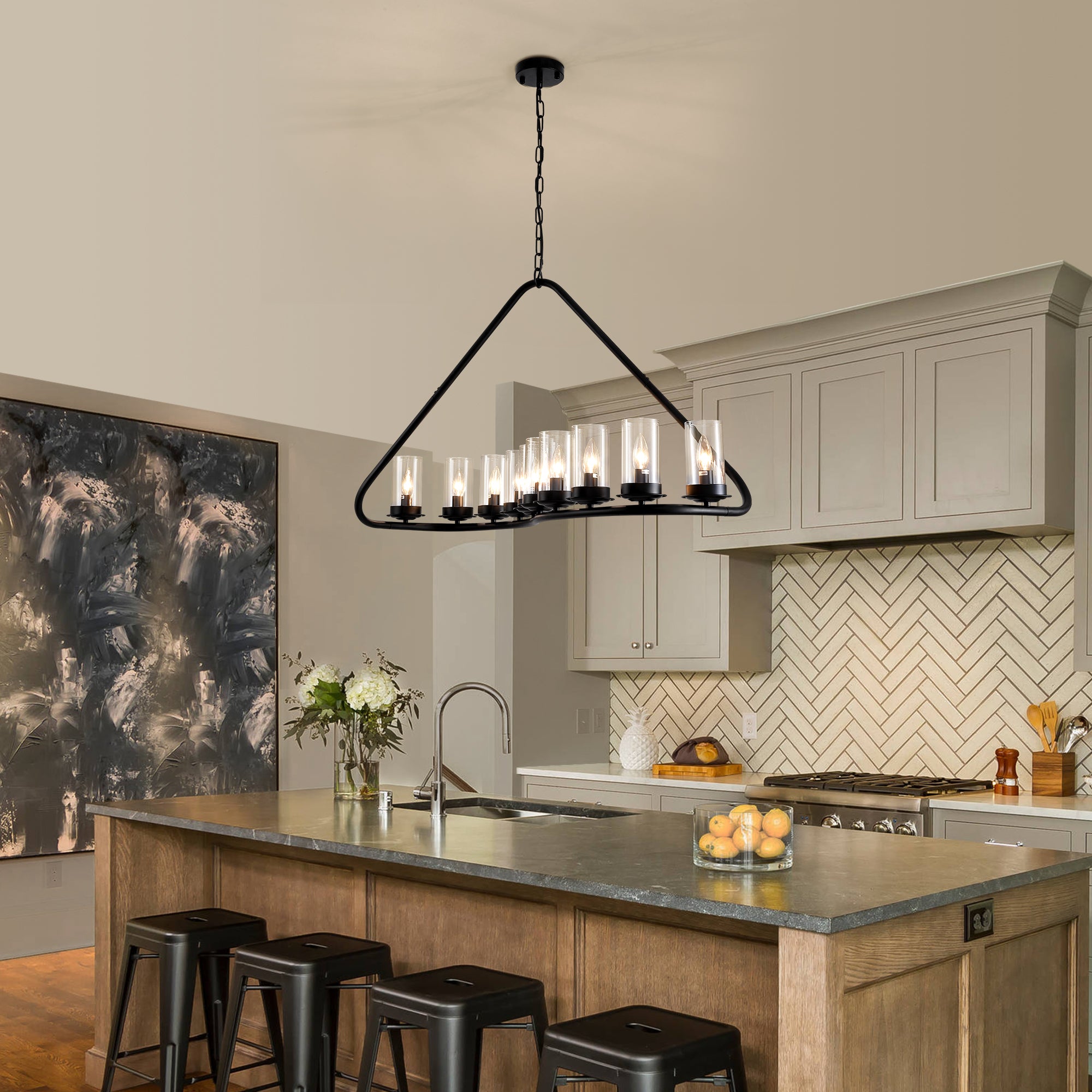 10-light Dimmable Modern Linear Chandelier Kitchen Island Pendant with Clear Glass Shades