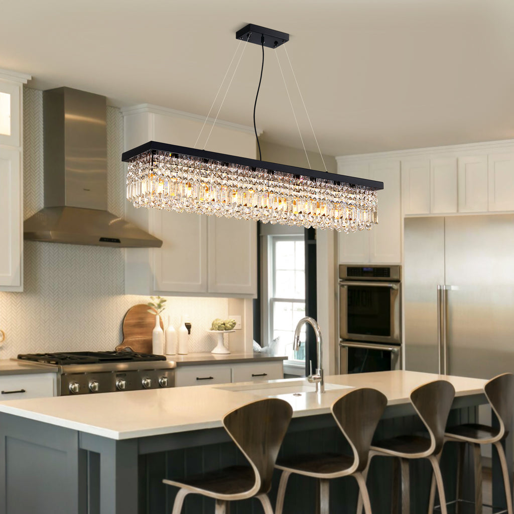 10-Light Dimmable Crystal Rectangle Chandelier for Kitchen Island and Dining Room, Modern Luxury Gold Ceiling Light