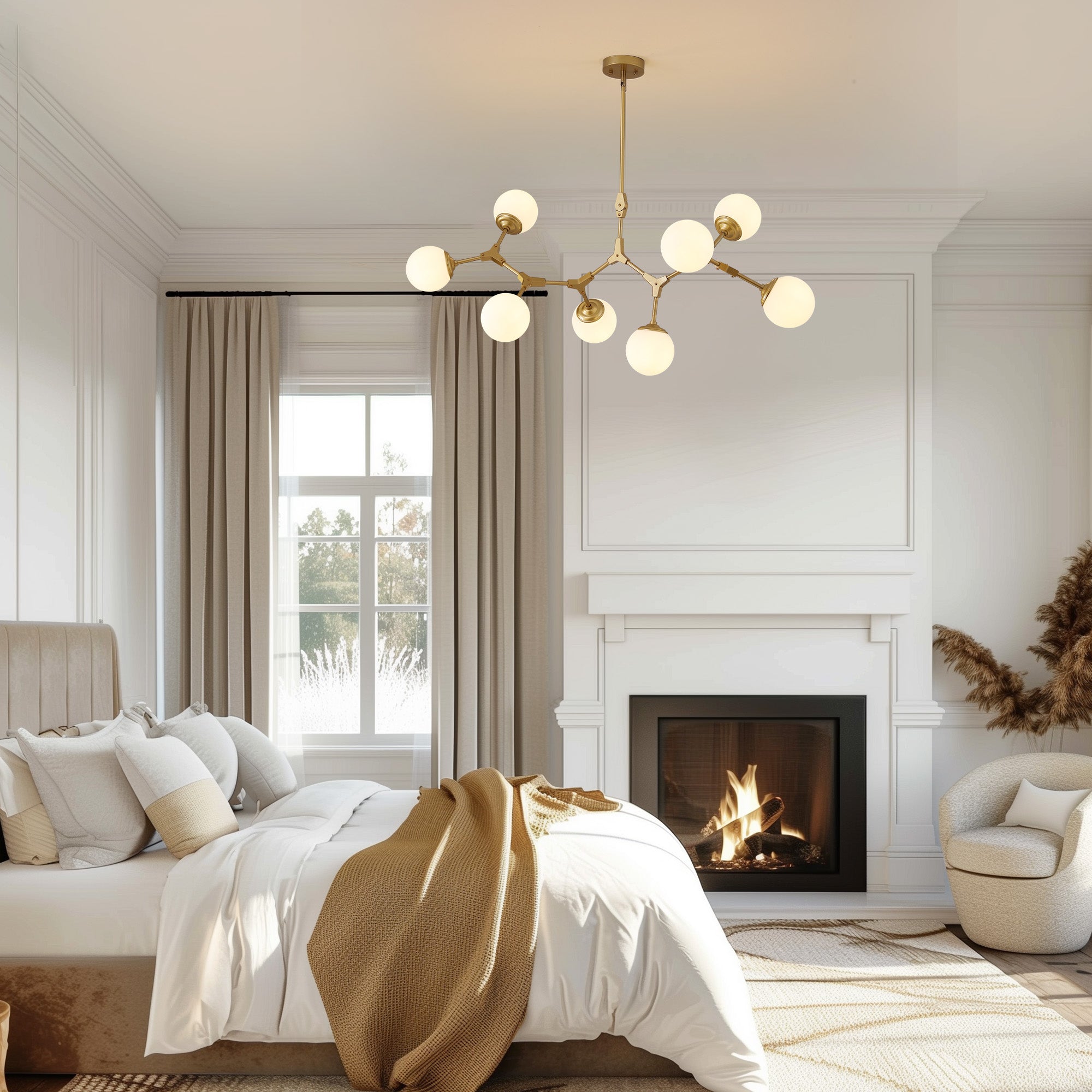 8-Light Dimmable Modern Sputnik Linear Chandelier with Glass Globe Shades