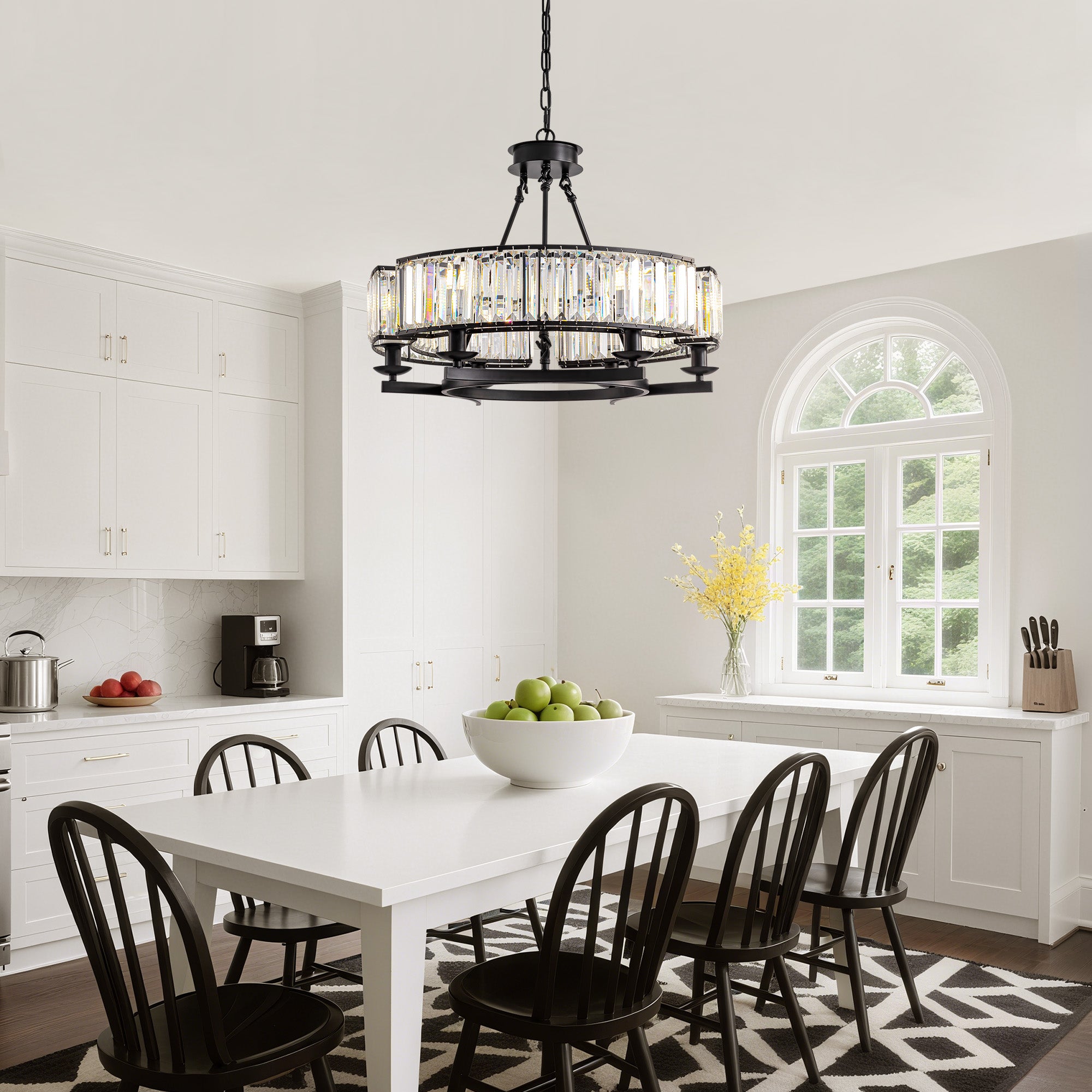 26 in. Modern 6-Light Farmhouse Crystal Drum Matte Black Wagon Wheel Chandelier Ceiling Semi Flush Mount