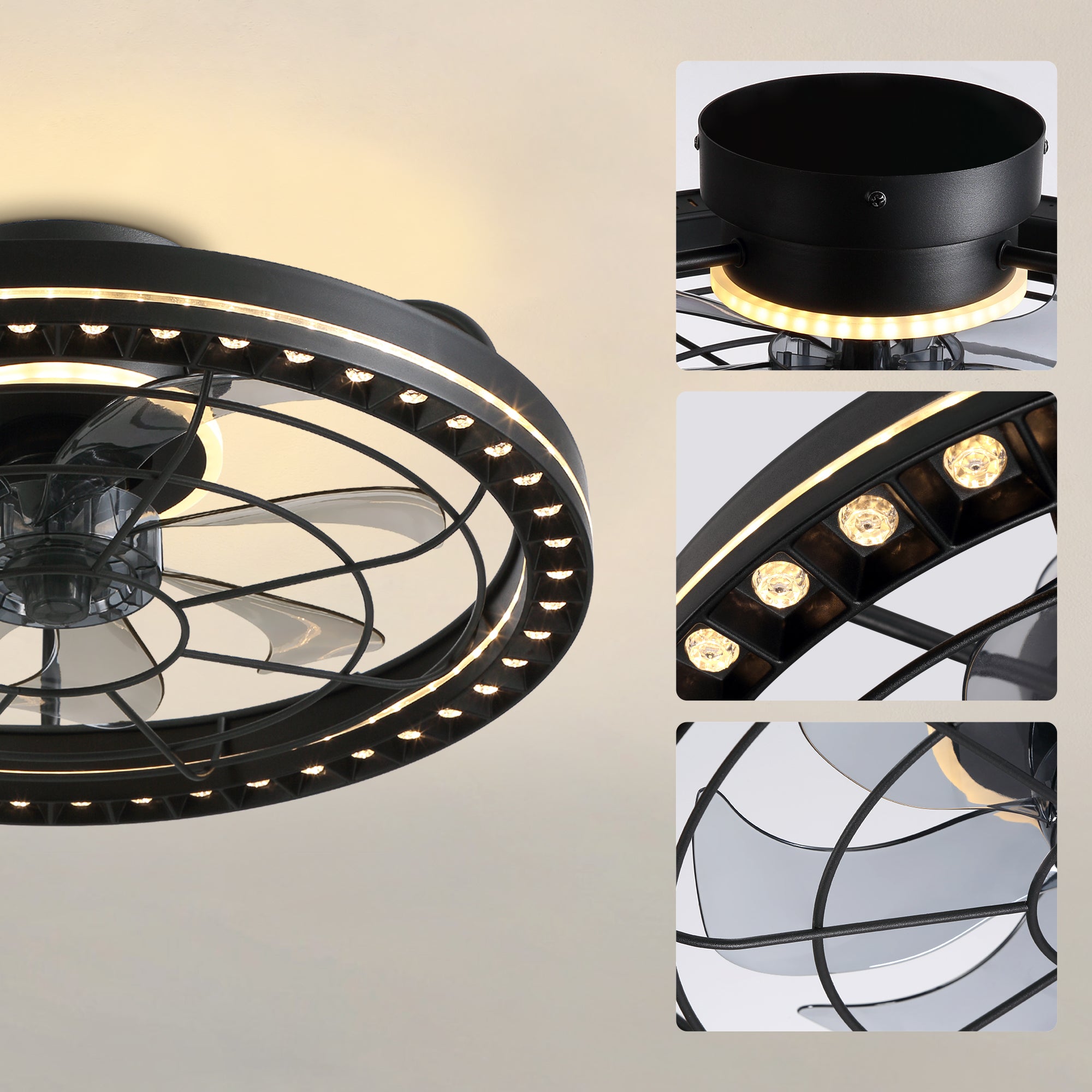 19 in. Indoor Black Low Profile Caged Ceiling Fan with Lights with Remote Included