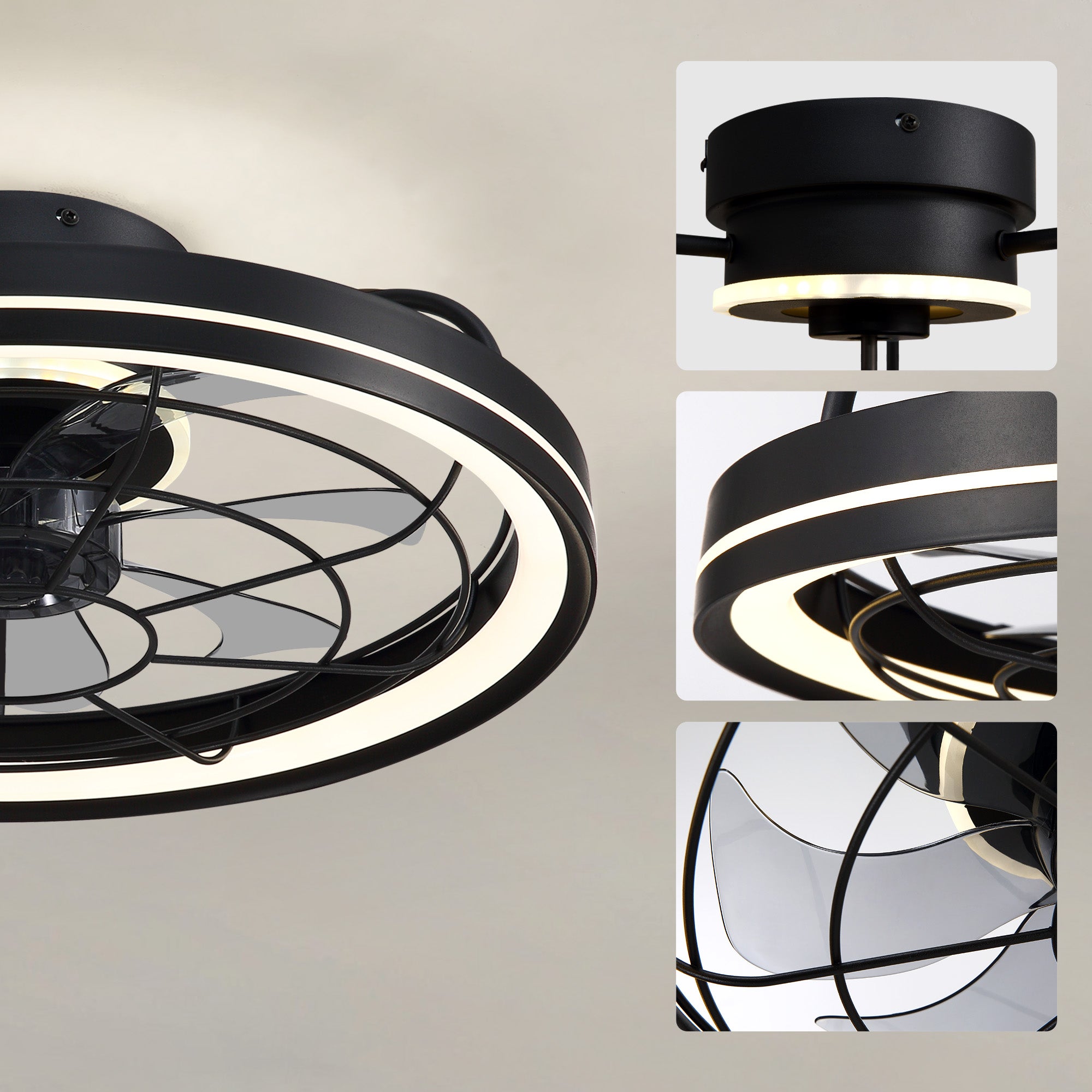 19 in. Indoor Black Caged Ceiling Fan with Integrated LED Light Modern Farmhouse Flush Mount Ceiling Fan