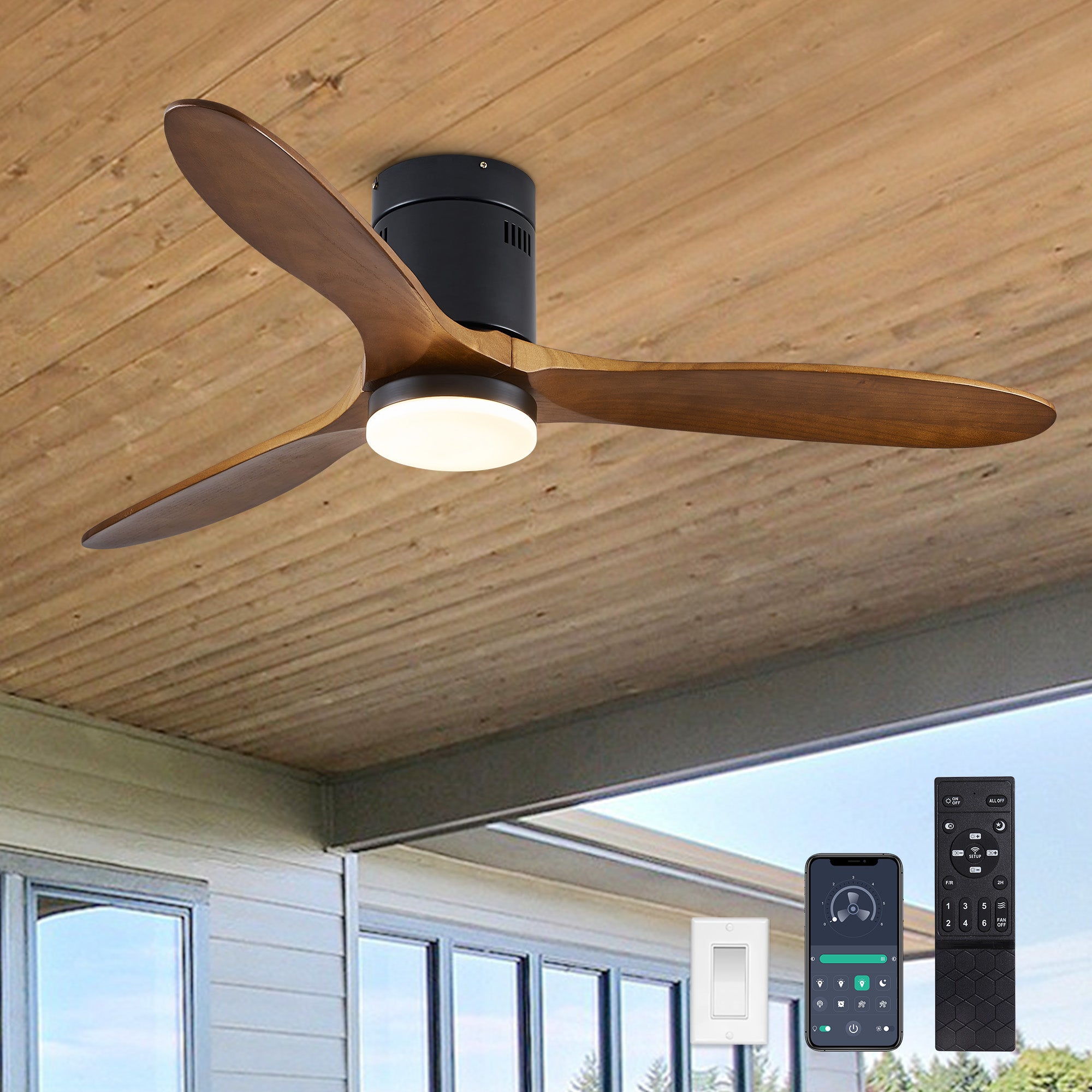 52" 3 -Blade Flush Mount Ceiling Fan with Light Kit, Remote Control and Quiet DC Motor for Bedroom