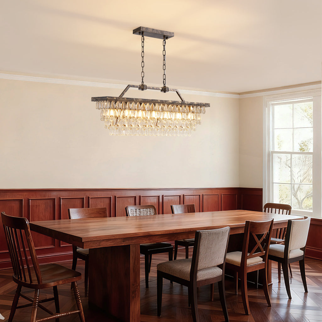 7-Light Dimmable Rustic Vintage Rectangle Tiered Crystal Chandelier with Antique Bronze Finish