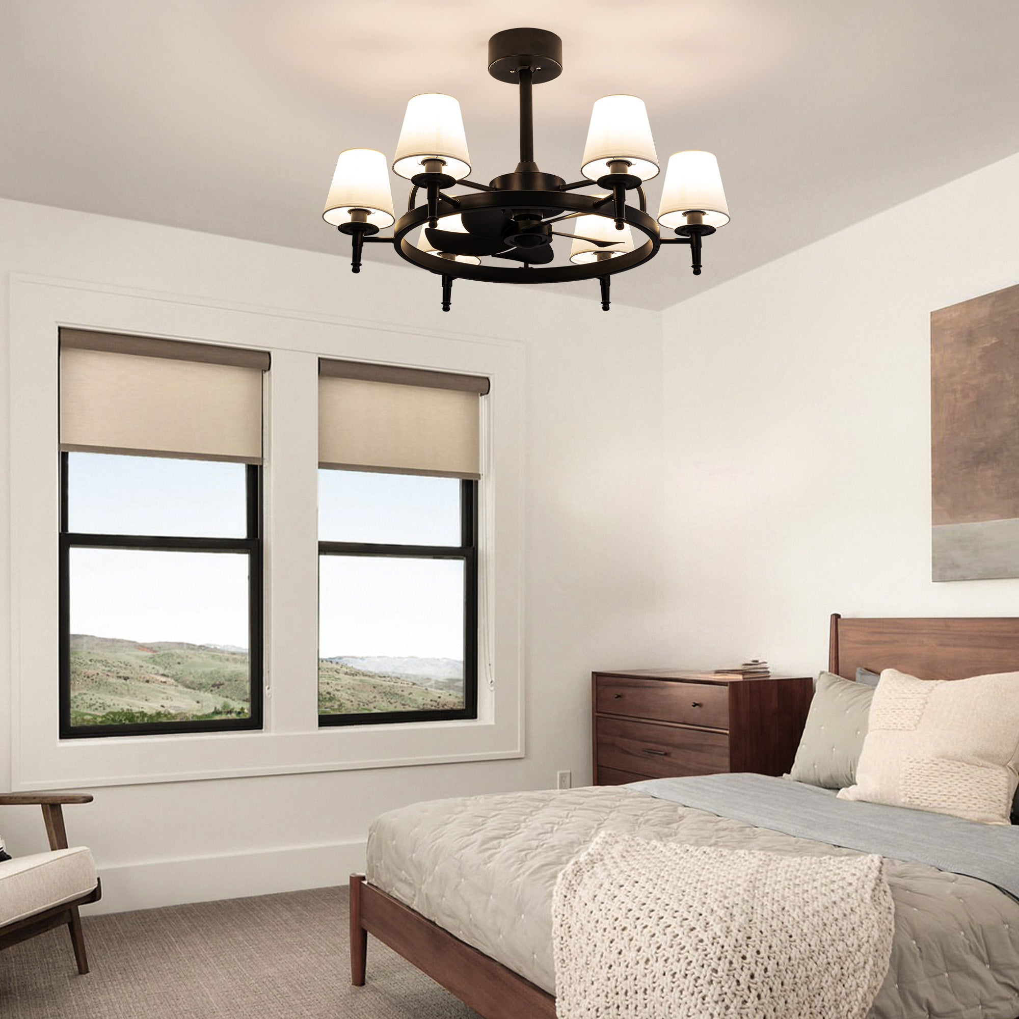 31.5" 6-light Wagon Wheel Ceiling Fan With Light Kit, Linen Shade, Dc Motor And Remote
