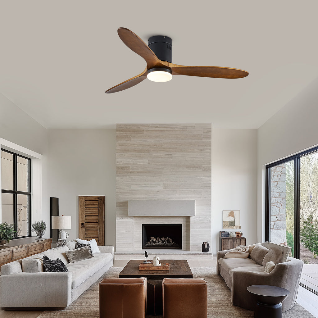 52" 3 -Blade Flush Mount Ceiling Fan with Light Kit, Remote Control and Quiet DC Motor for Bedroom