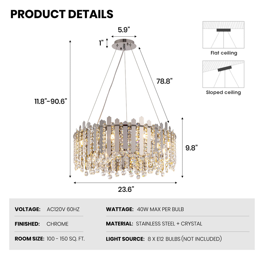 8-light Dimmable Drum Crystal Chandelier