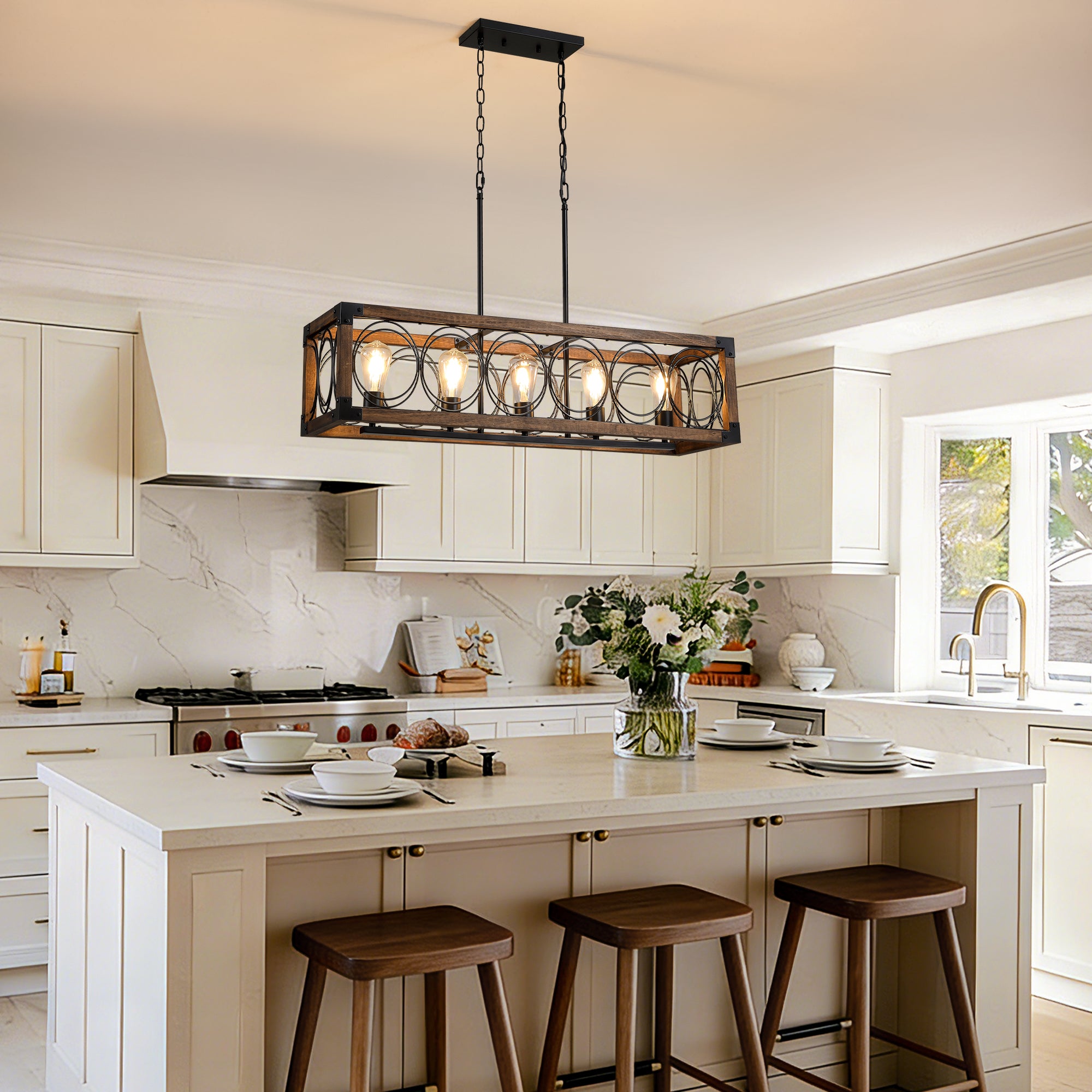 5 - Light Dimmable Modern Farmhouse Rectangle Solid Wood Chandelier