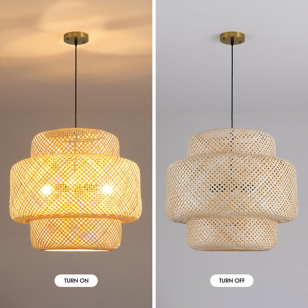 3-Light Natural Woven Tiered Chandelier, Boho Organic Modern Coastal Casual Style For Dining Room, Kitchen Island & Living Space