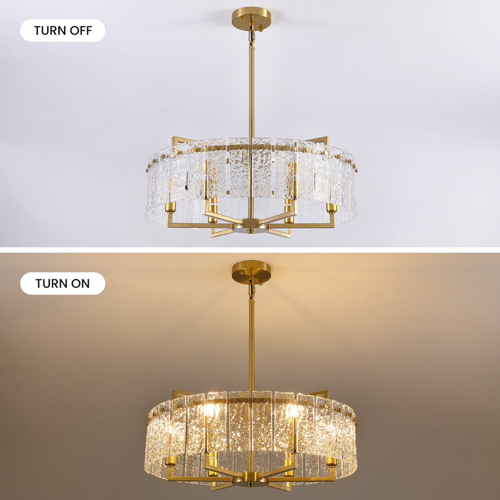 6 - Light Dimmable Gold Drum Chandelier with Textured Glass, Modern Lighting for Kitchen Island or Dining Room