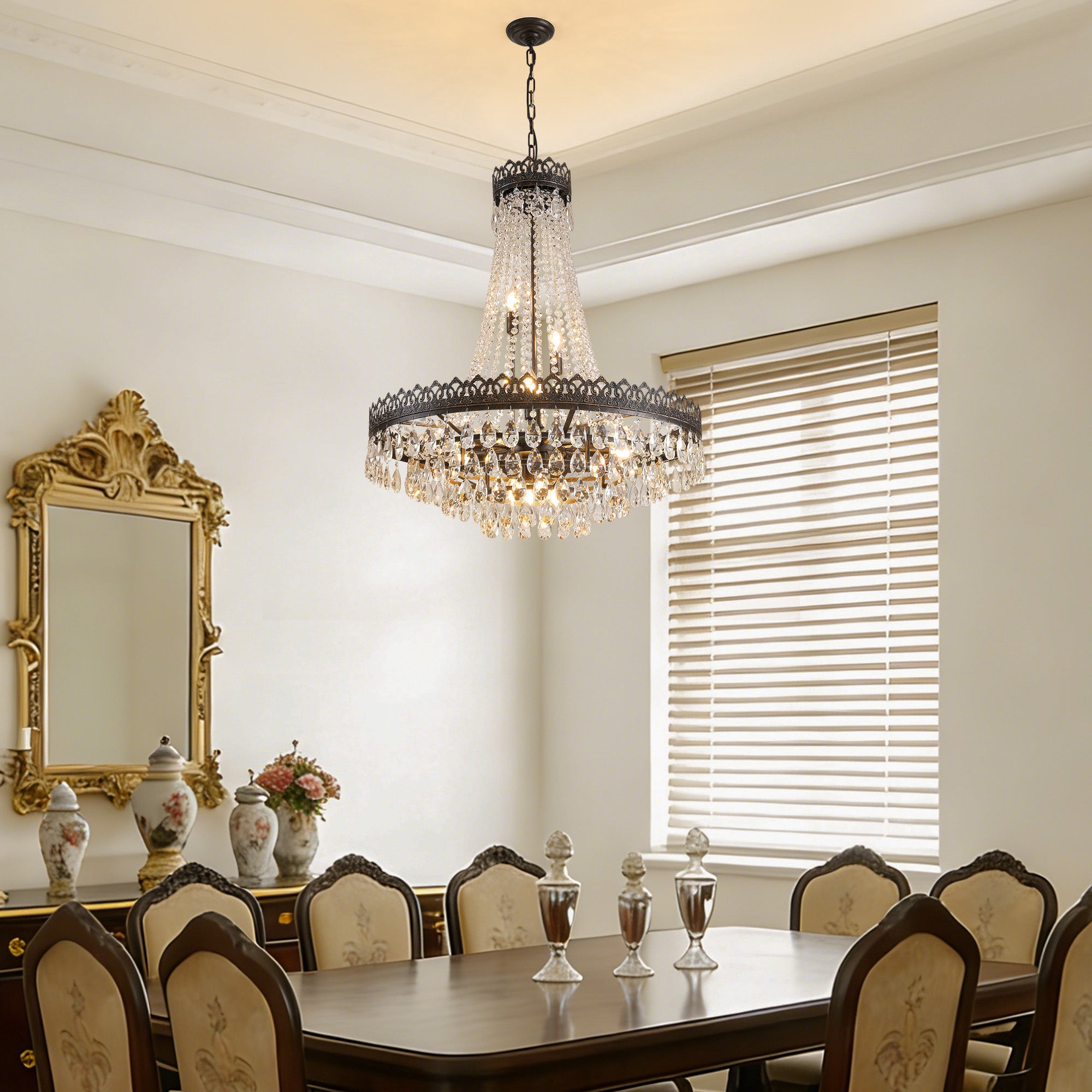 16-light Dimmable Empire Crystal Chandelier With Antique Bronze Accents