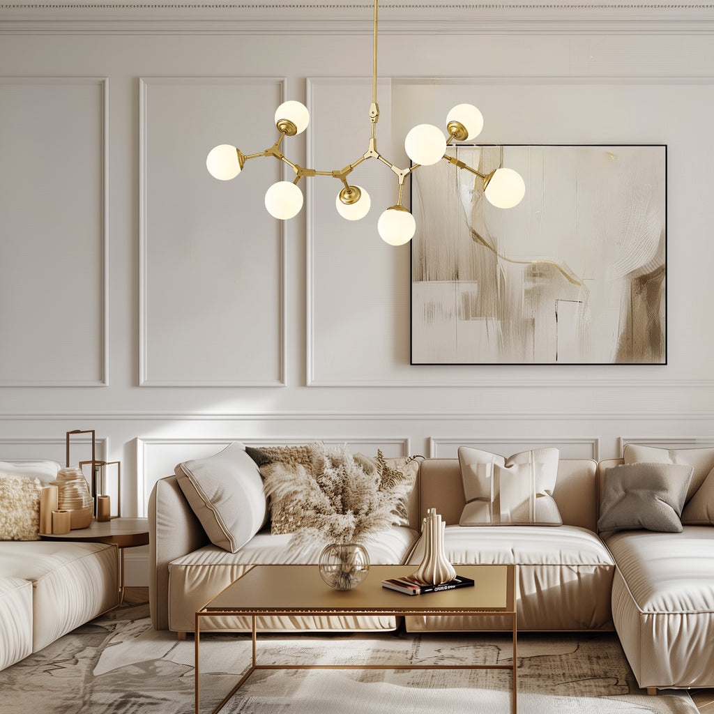8-Light Dimmable Modern Sputnik Linear Chandelier with Glass Globe Shades