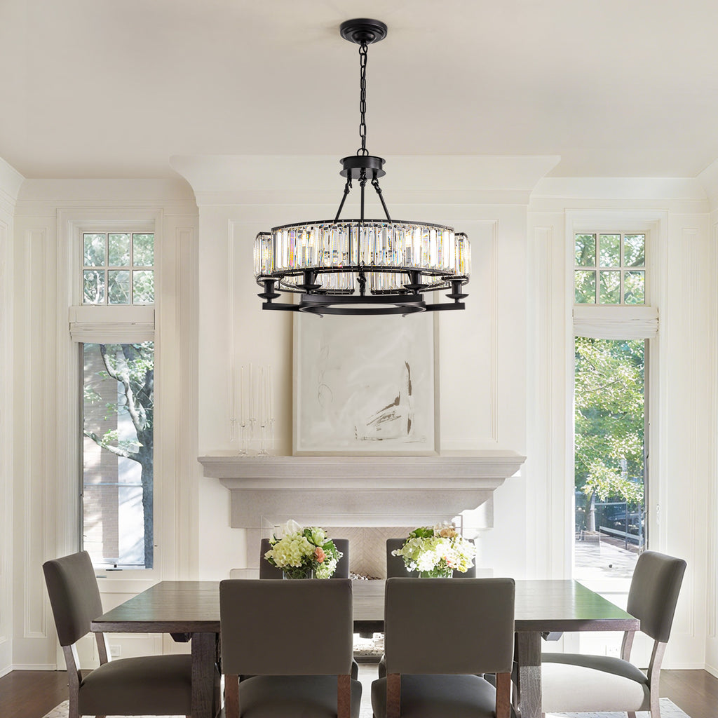 26 in. Modern 6-Light Farmhouse Crystal Drum Matte Black Wagon Wheel Chandelier Ceiling Semi Flush Mount